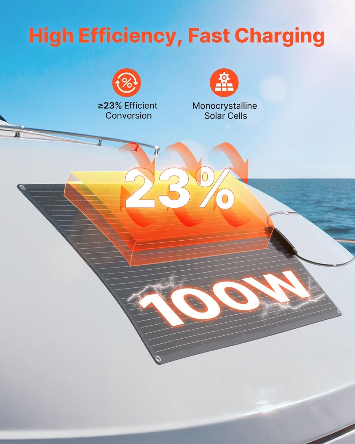 image:imageVEVOR Flexible Solar Panel 100W SemiFlexible Bendable Monocrystalline Solar Panel 23 Efficiency Mono OffGrid Charger with MC4 Output IP67 Waterproof for Marine RV Car Cabin Curved Surfaces100W