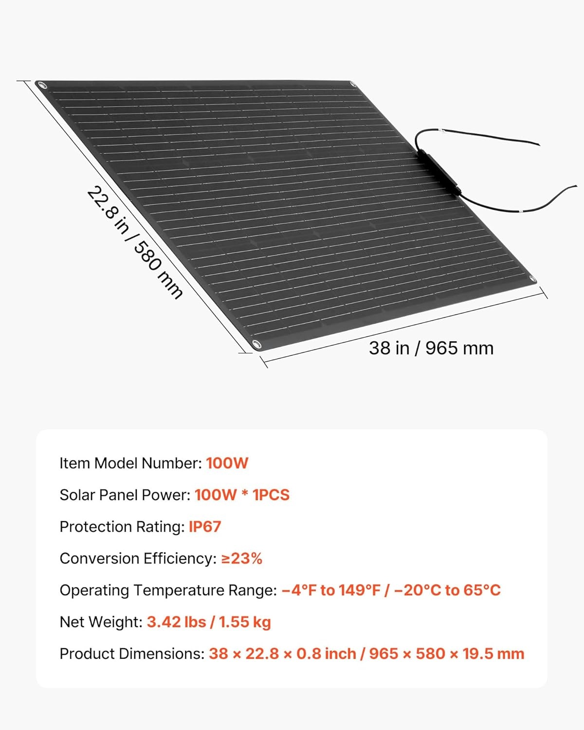 image:imageVEVOR Flexible Solar Panel 100W SemiFlexible Bendable Monocrystalline Solar Panel 23 Efficiency Mono OffGrid Charger with MC4 Output IP67 Waterproof for Marine RV Car Cabin Curved Surfaces100W
