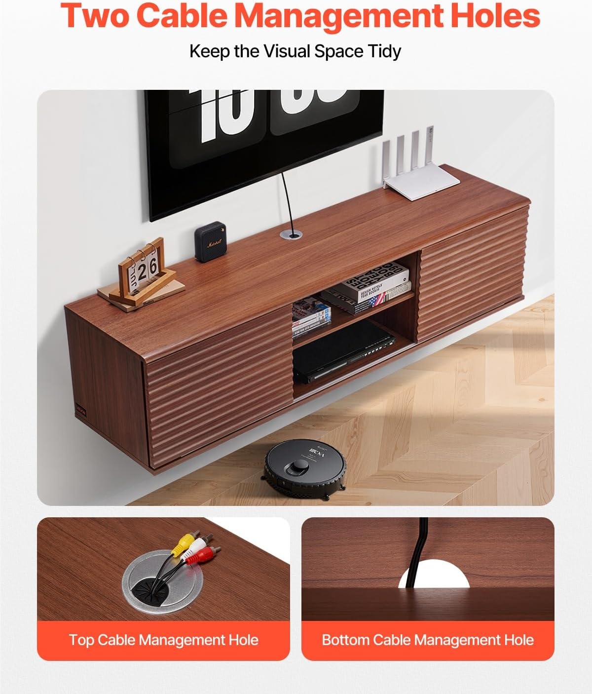 image:imageVEVOR Floating TV Stand 60 Wall Mount Entertainment Center with Adjustable Shelf amp Sliding Doors 2 Tiers Floating TV Shelf with Storage Cabinet for DVD Player Cable Box Game Console Walnut