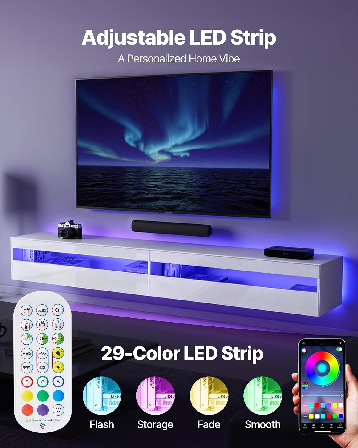 image:imageVEVOR Floating TV Stand 71 in Wall Mount Entertainment Center with Power Outlet amp LED Lights Modern Floating TV Shelf with 2 Drawers amp Storage Cabinet for DVD Player Cable Box Game Console WhiteWhite