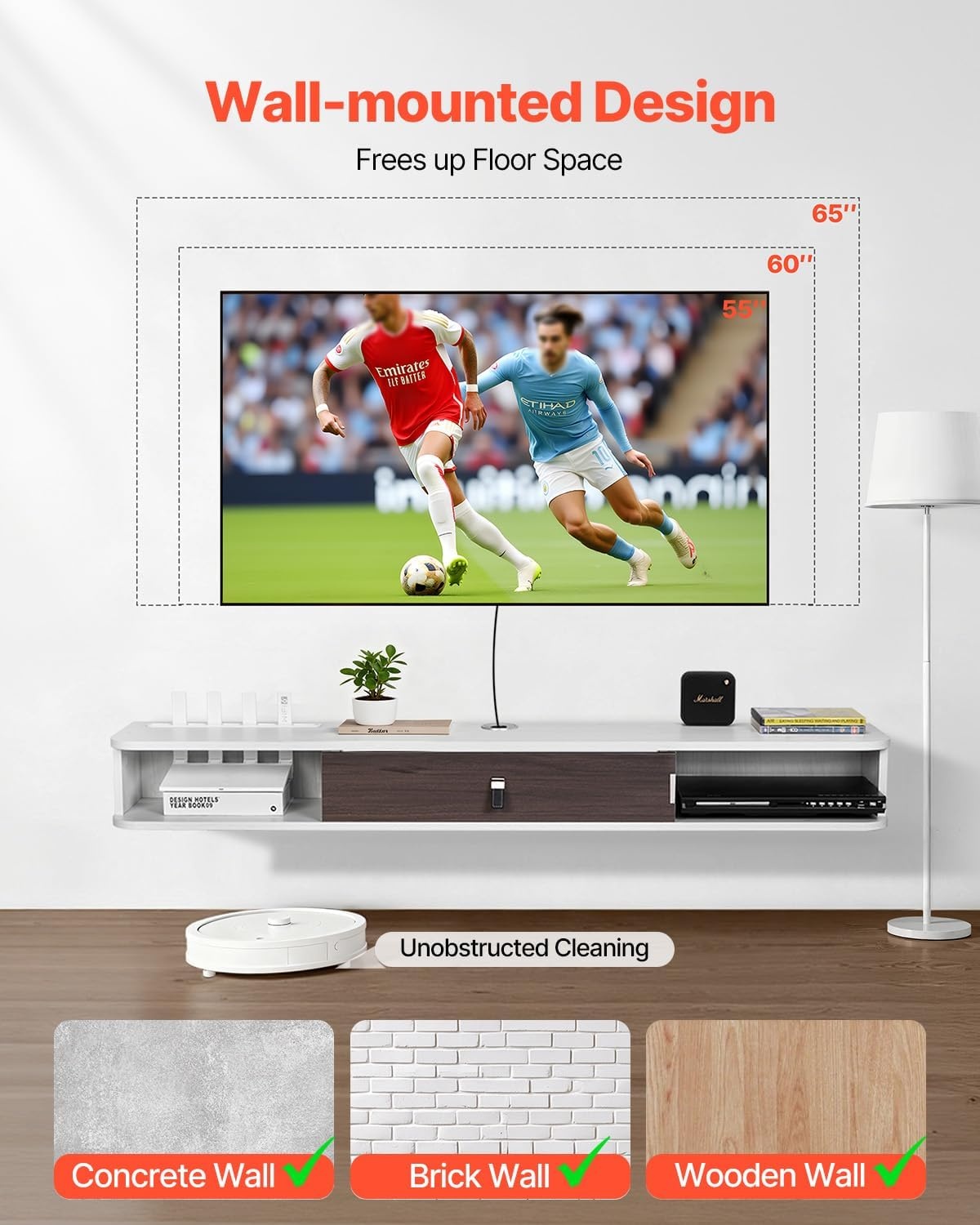 image:imageVEVOR Floating TV Stand 71 in Wall Mount Entertainment Center with Power Outlet amp LED Lights Modern Floating TV Shelf with 2 Drawers amp Storage Cabinet for DVD Player Cable Box Game Console WhiteWhite