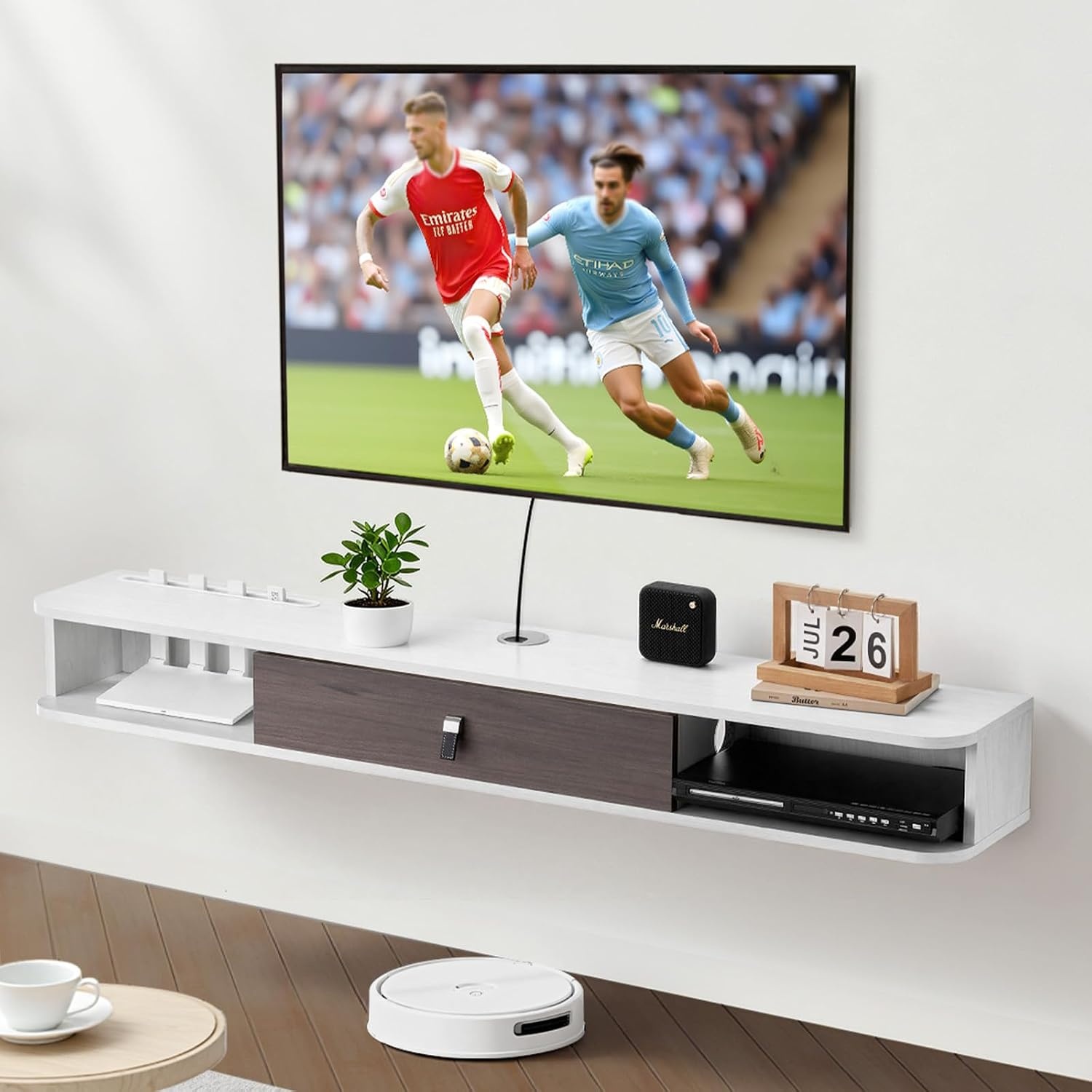 image:imageVEVOR Floating TV Stand 71 in Wall Mount Entertainment Center with Power Outlet amp LED Lights Modern Floating TV Shelf with 2 Drawers amp Storage Cabinet for DVD Player Cable Box Game Console WhiteWhite