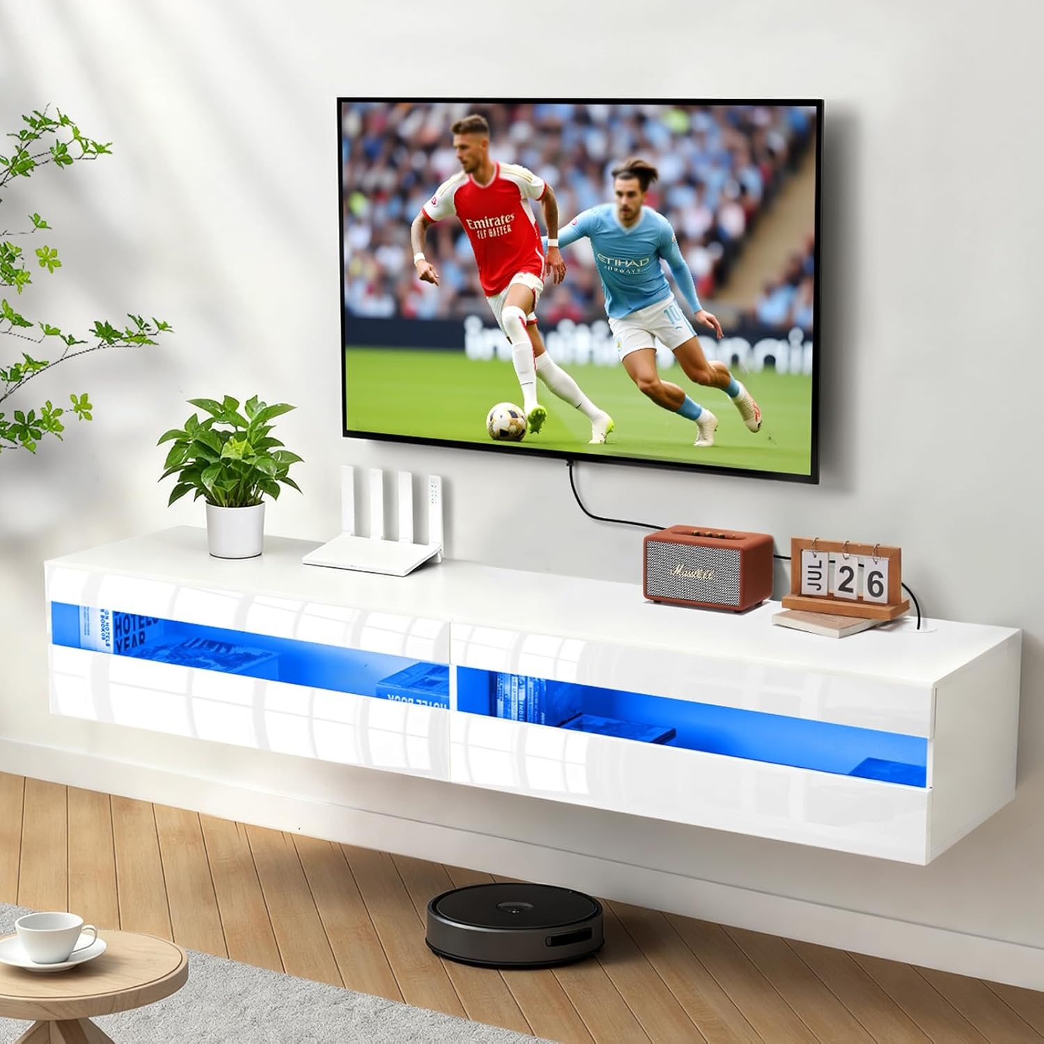 image:imageVEVOR Floating TV Stand 71 in Wall Mount Entertainment Center with Power Outlet amp LED Lights Modern Floating TV Shelf with 2 Drawers amp Storage Cabinet for DVD Player Cable Box Game Console WhiteWhite