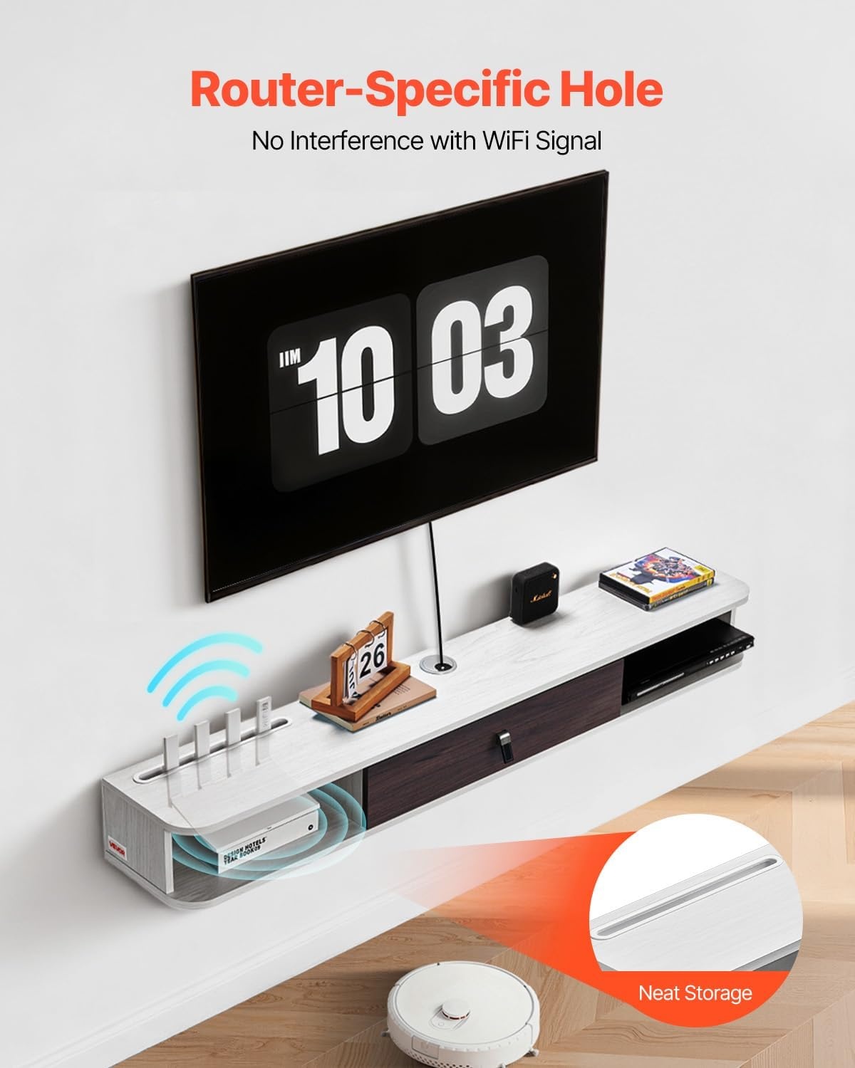 image:imageVEVOR Floating TV Stand 71 in Wall Mount Entertainment Center with Power Outlet amp LED Lights Modern Floating TV Shelf with 2 Drawers amp Storage Cabinet for DVD Player Cable Box Game Console WhiteWhite
