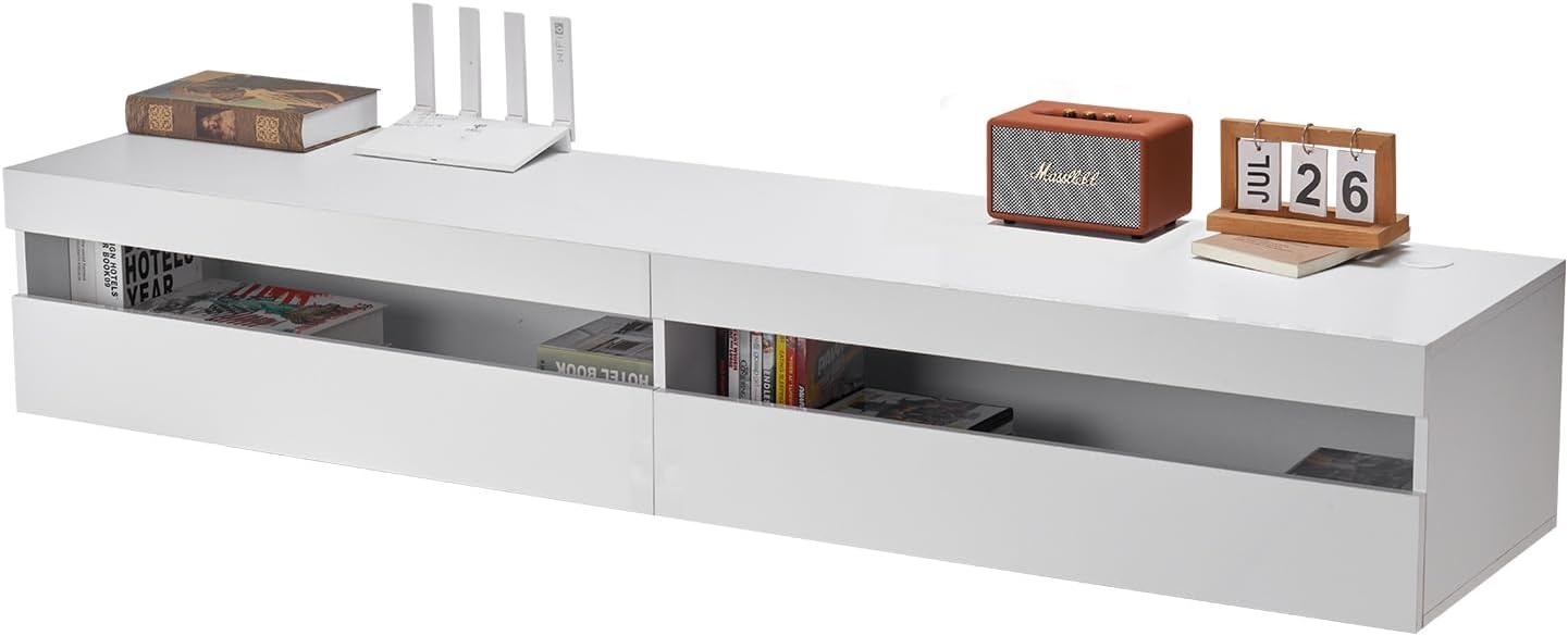 image:imageVEVOR Floating TV Stand 71 in Wall Mount Entertainment Center with Power Outlet amp LED Lights Modern Floating TV Shelf with 2 Drawers amp Storage Cabinet for DVD Player Cable Box Game Console WhiteWhite