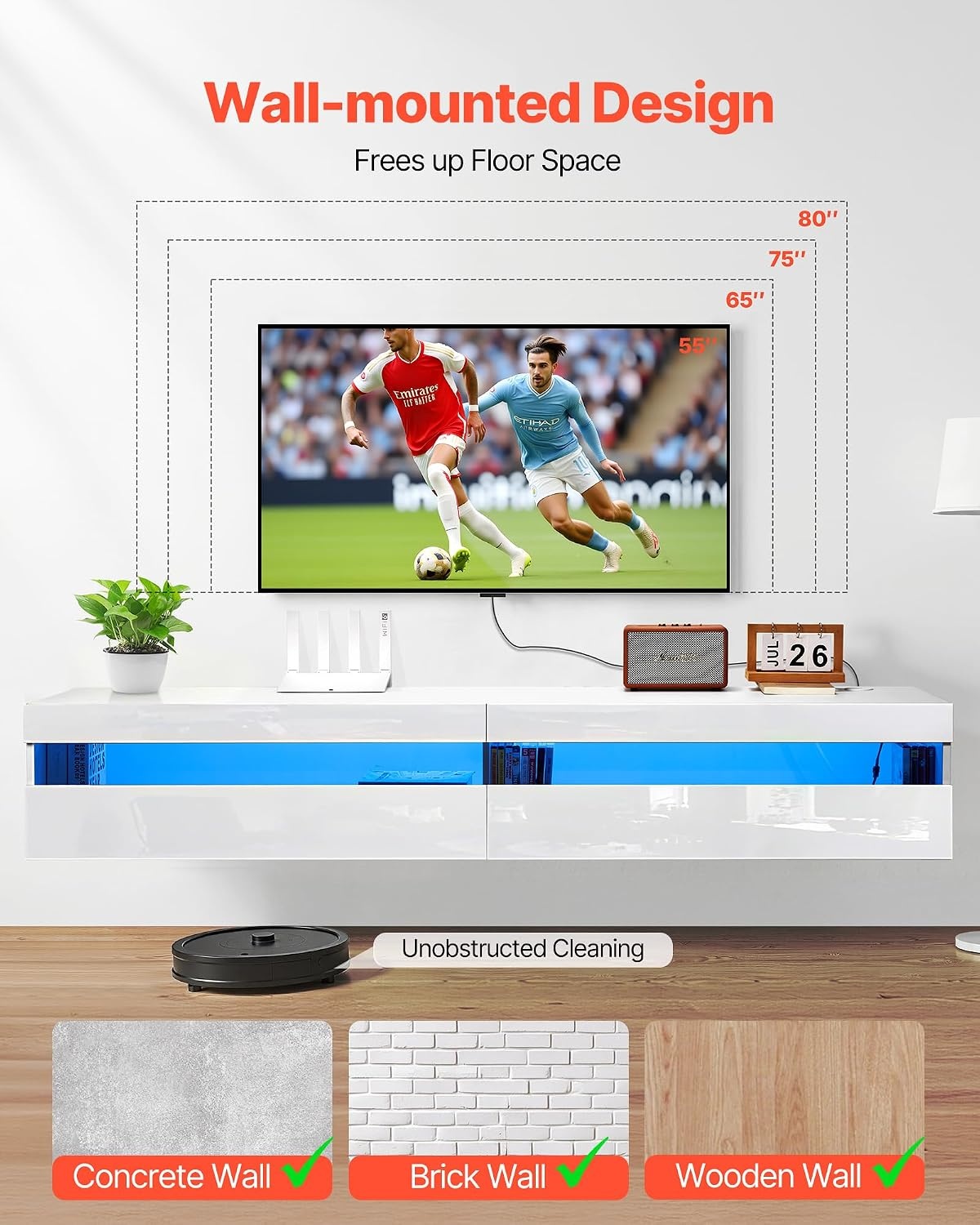 image:imageVEVOR Floating TV Stand 71 in Wall Mount Entertainment Center with Power Outlet amp LED Lights Modern Floating TV Shelf with 2 Drawers amp Storage Cabinet for DVD Player Cable Box Game Console WhiteWhite