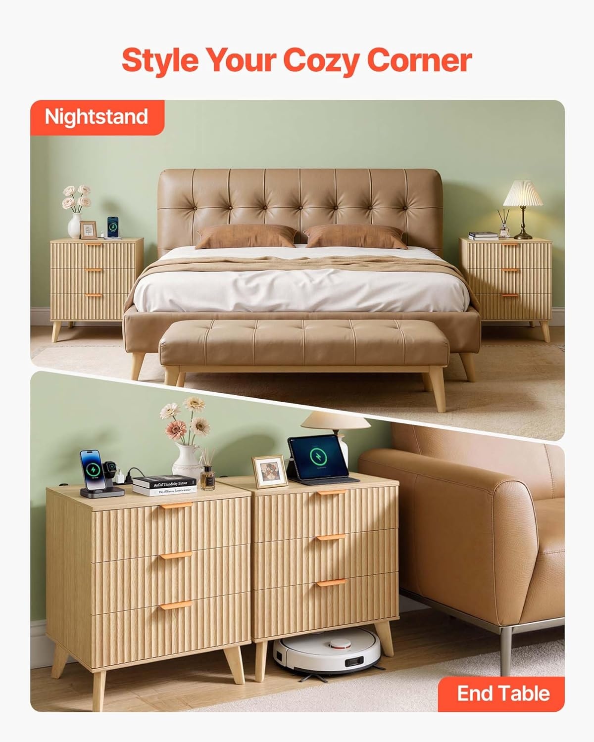 image:imageVEVOR Fluted Nightstand 3 Drawer Dresser 24 Wide Bedside Table with Charging Station Mid Century Modern Night Stand with Metal Handle USBATypeC Ports Wood Bed Side Table for BedroomNatural