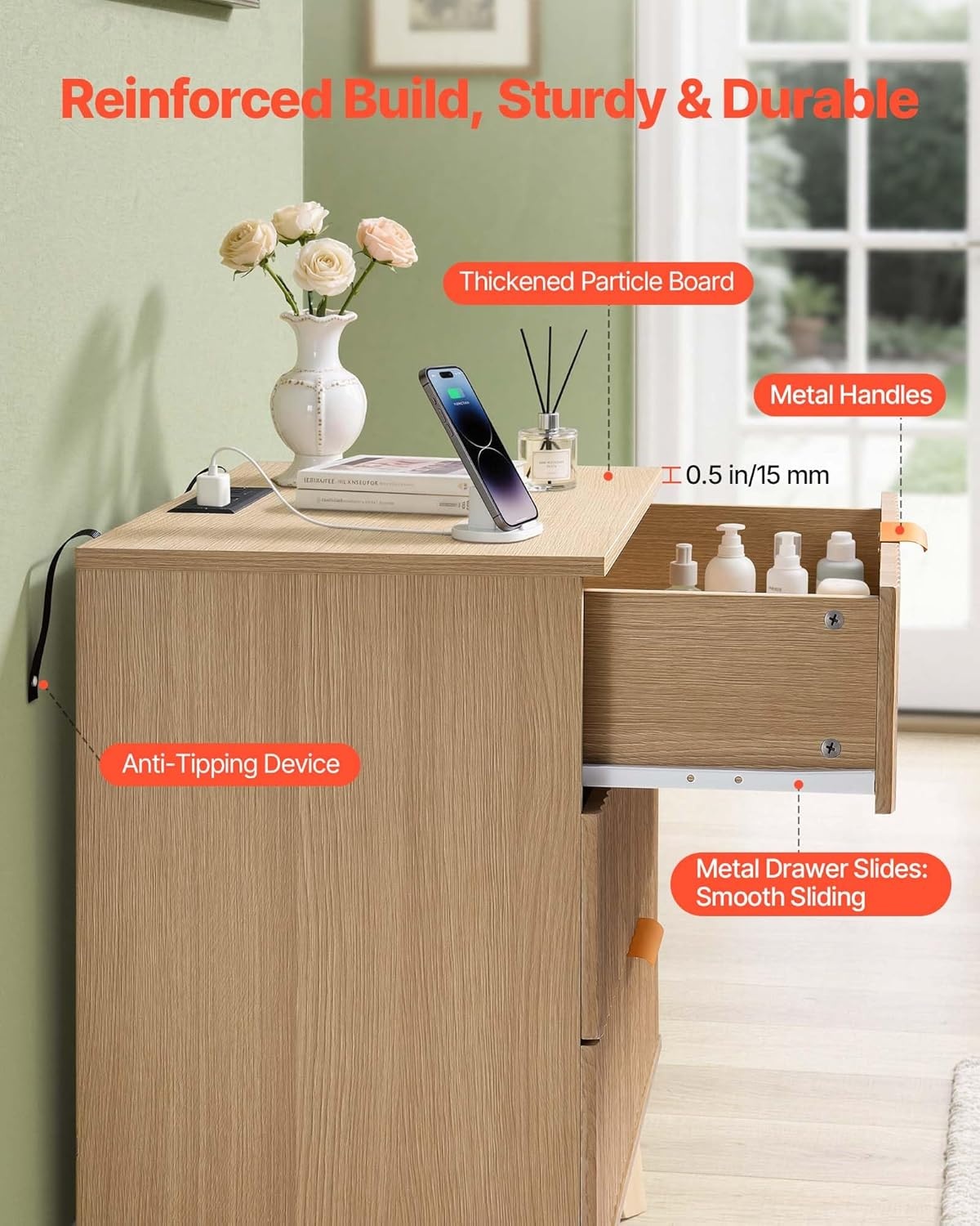 image:imageVEVOR Fluted Nightstand 3 Drawer Dresser 24 Wide Bedside Table with Charging Station Mid Century Modern Night Stand with Metal Handle USBATypeC Ports Wood Bed Side Table for BedroomNatural