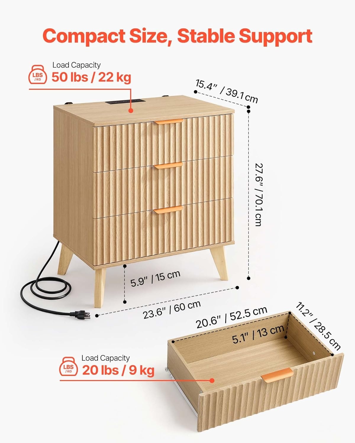 image:imageVEVOR Fluted Nightstand 3 Drawer Dresser 24 Wide Bedside Table with Charging Station Mid Century Modern Night Stand with Metal Handle USBATypeC Ports Wood Bed Side Table for BedroomNatural