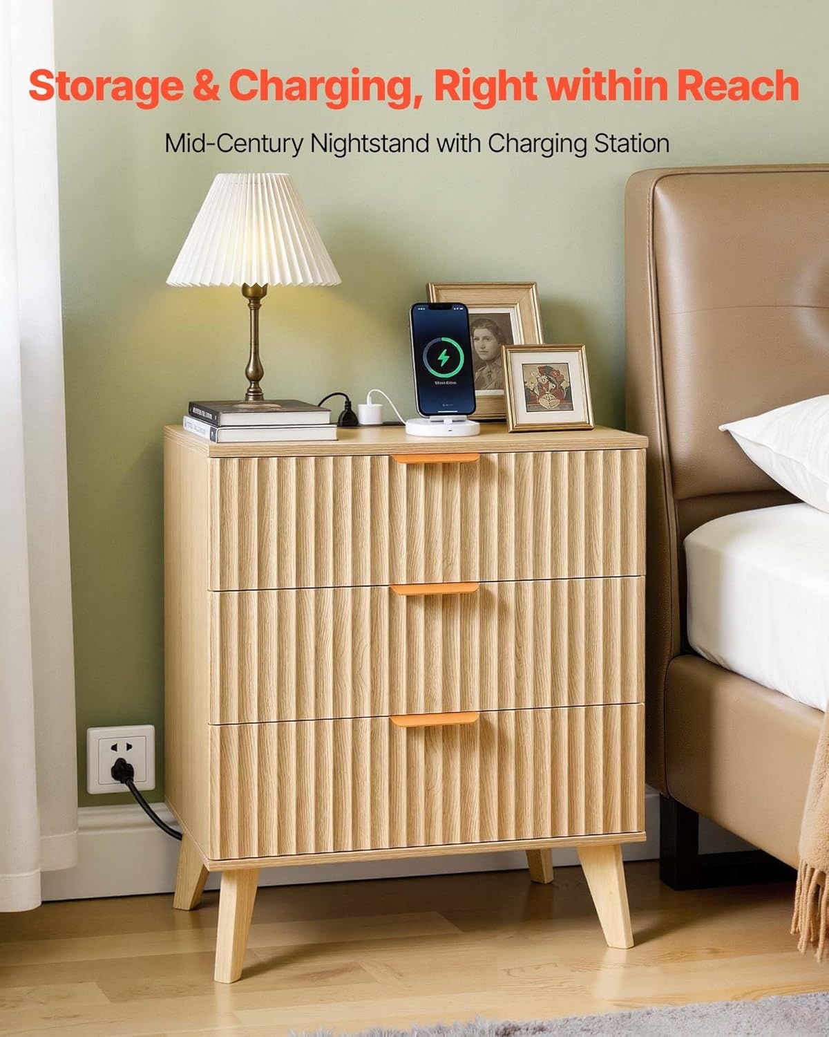 image:imageVEVOR Fluted Nightstand 3 Drawer Dresser 24 Wide Bedside Table with Charging Station Mid Century Modern Night Stand with Metal Handle USBATypeC Ports Wood Bed Side Table for BedroomNatural
