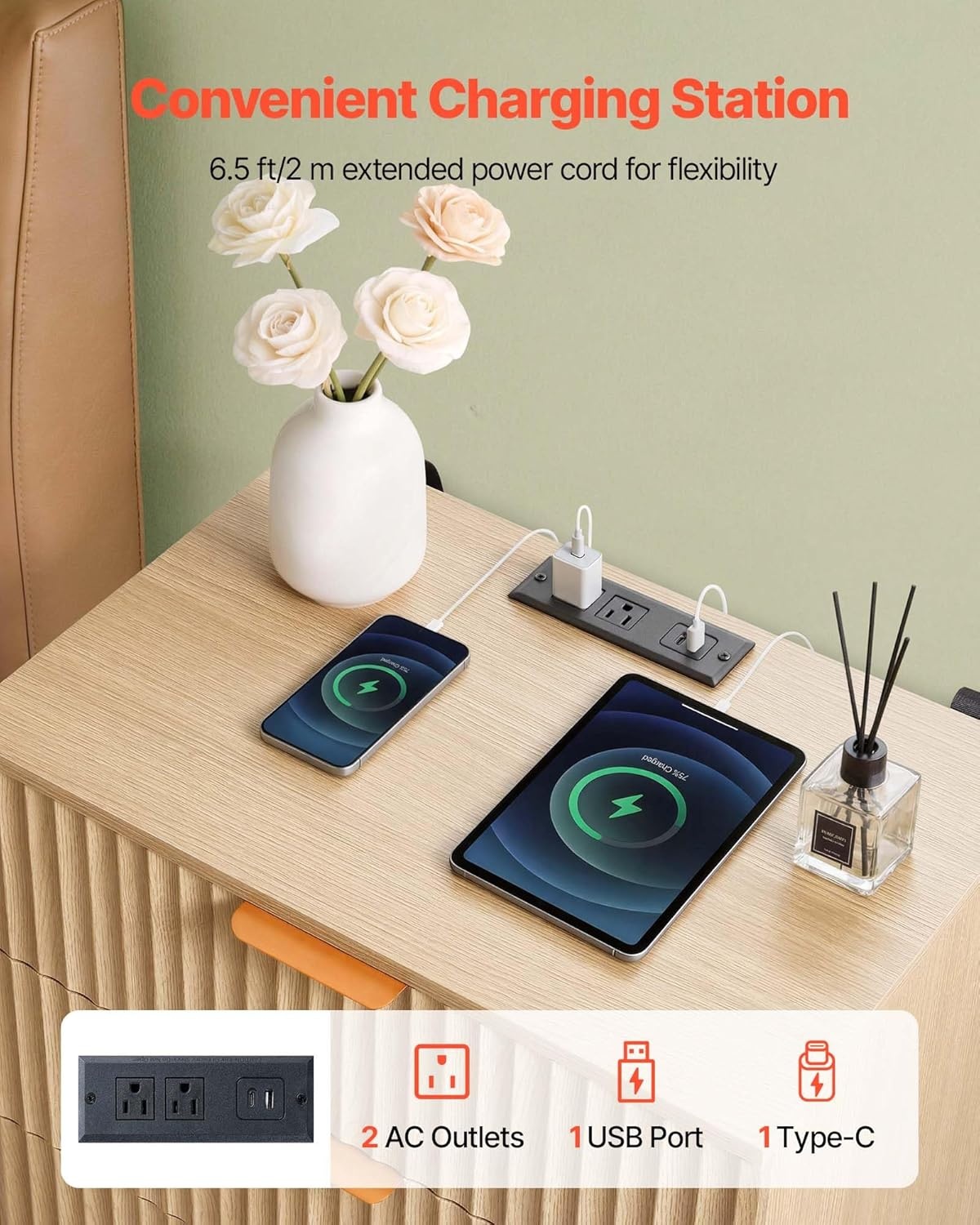image:imageVEVOR Fluted Nightstand 3 Drawer Dresser 24 Wide Bedside Table with Charging Station Mid Century Modern Night Stand with Metal Handle USBATypeC Ports Wood Bed Side Table for BedroomNatural