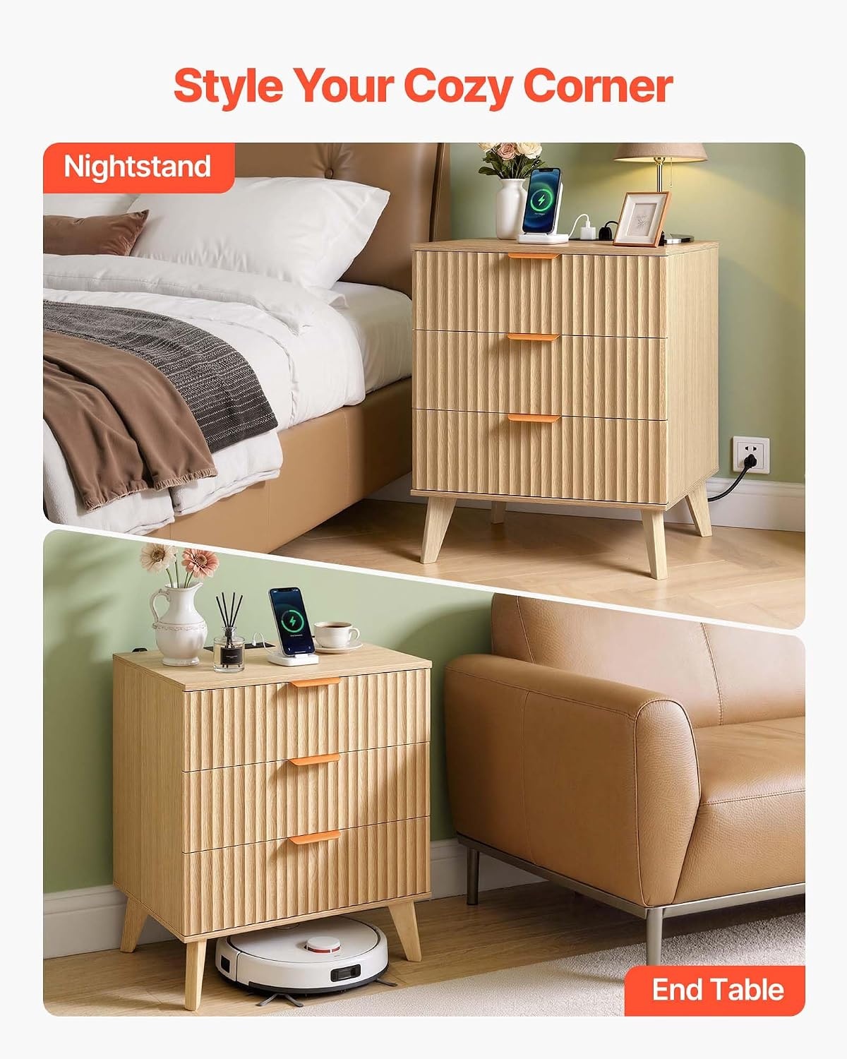 image:imageVEVOR Fluted Nightstand 3 Drawer Dresser 24 Wide Bedside Table with Charging Station Mid Century Modern Night Stand with Metal Handle USBATypeC Ports Wood Bed Side Table for BedroomNatural