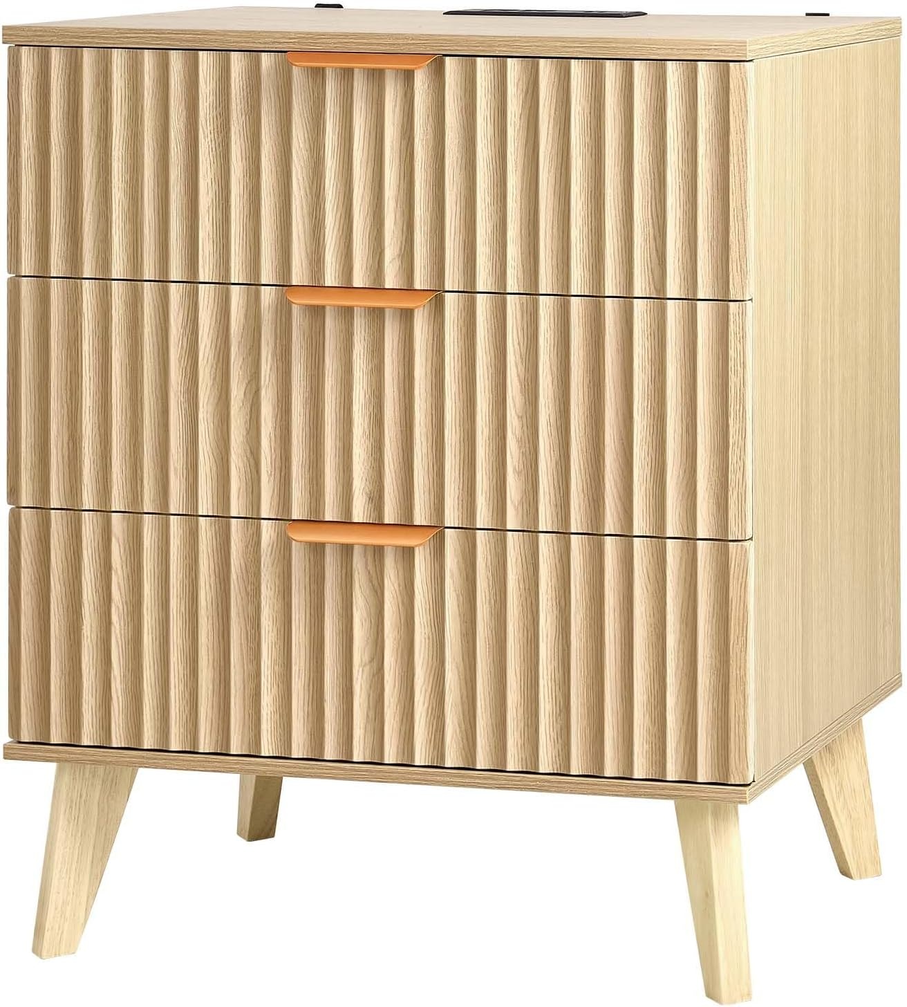 image:imageVEVOR Fluted Nightstand 3 Drawer Dresser 24 Wide Bedside Table with Charging Station Mid Century Modern Night Stand with Metal Handle USBATypeC Ports Wood Bed Side Table for BedroomNatural