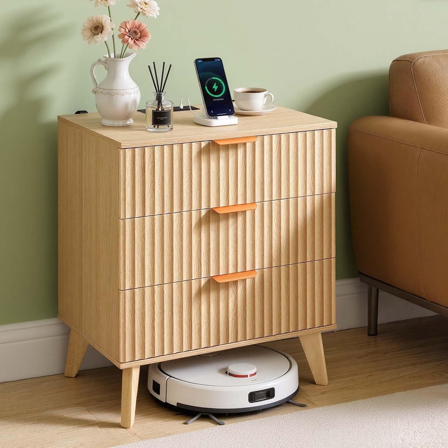 image:imageVEVOR Fluted Nightstand 3 Drawer Dresser 24 Wide Bedside Table with Charging Station Mid Century Modern Night Stand with Metal Handle USBATypeC Ports Wood Bed Side Table for BedroomNatural
