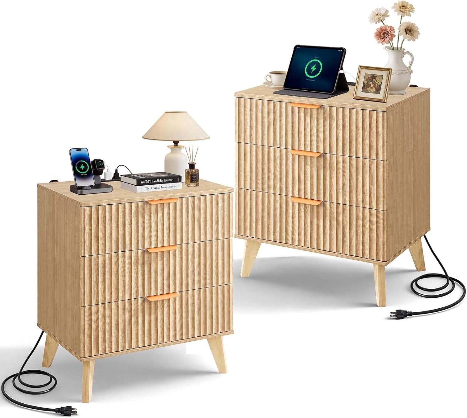 image:imageVEVOR Fluted Nightstand 3 Drawer Dresser 24 Wide Bedside Table with Charging Station Mid Century Modern Night Stand with Metal Handle USBATypeC Ports Wood Bed Side Table for BedroomNatural