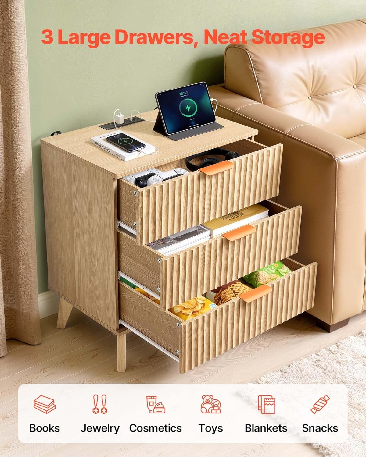 image:imageVEVOR Fluted Nightstand 3 Drawer Dresser 24 Wide Bedside Table with Charging Station Mid Century Modern Night Stand with Metal Handle USBATypeC Ports Wood Bed Side Table for BedroomNatural