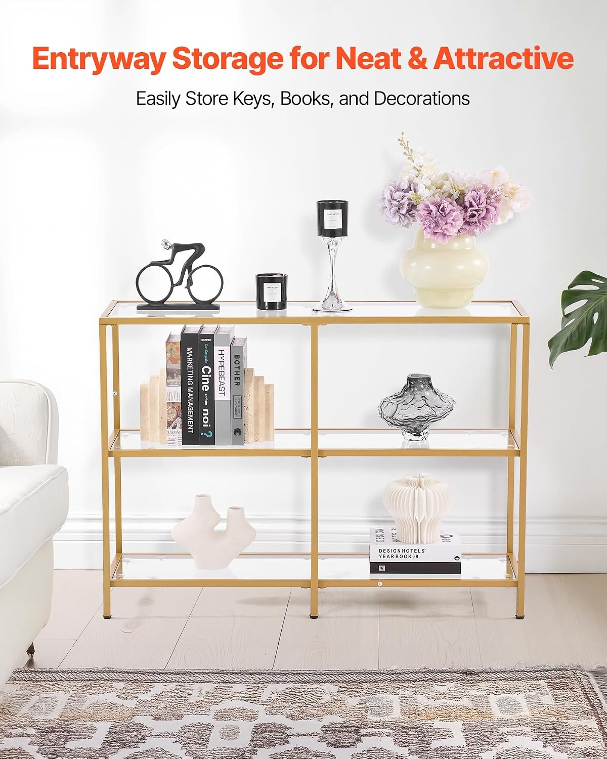 image:imageVEVOR Glass Console Table 394 Inch Entryway Table Modern Rectangle Sofa Table with Tempered Glass Top and Iron Legs Golden Consloe Desk for Living Room Hallway EntrywayGold