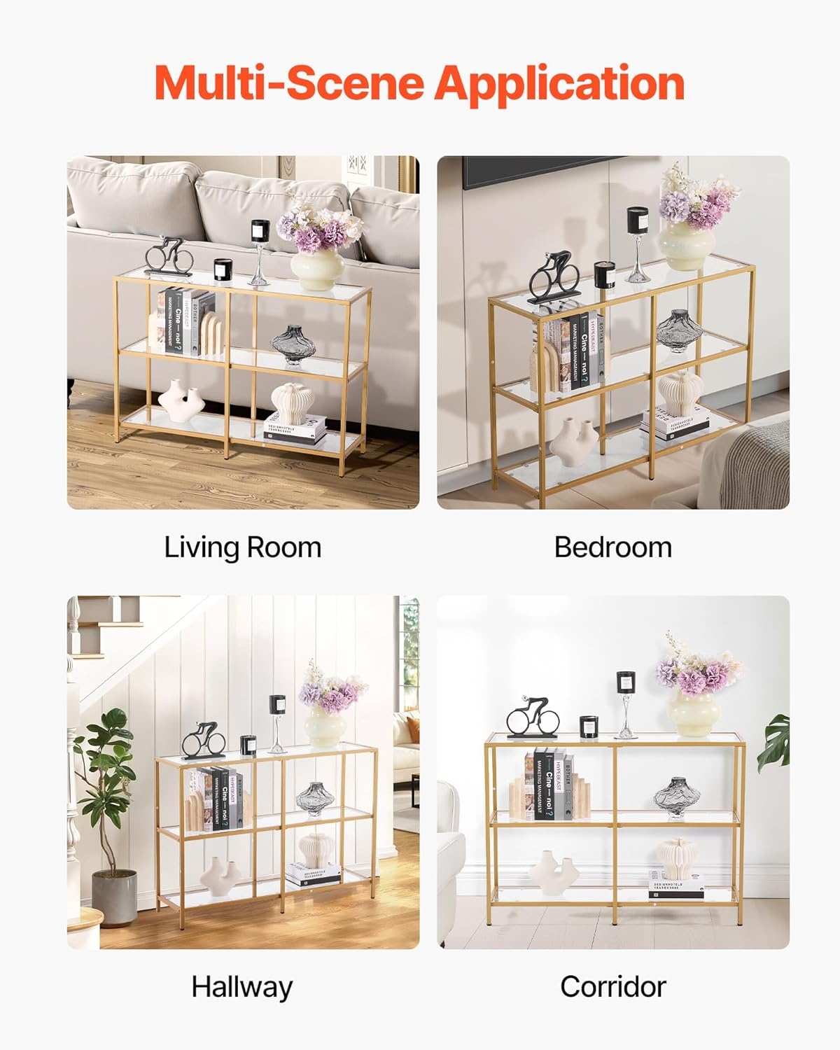 image:imageVEVOR Glass Console Table 394 Inch Entryway Table Modern Rectangle Sofa Table with Tempered Glass Top and Iron Legs Golden Consloe Desk for Living Room Hallway EntrywayGold