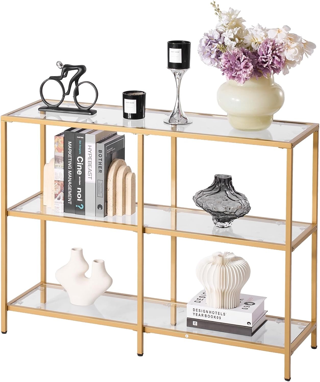 image:imageVEVOR Glass Console Table 394 Inch Entryway Table Modern Rectangle Sofa Table with Tempered Glass Top and Iron Legs Golden Consloe Desk for Living Room Hallway EntrywayGold