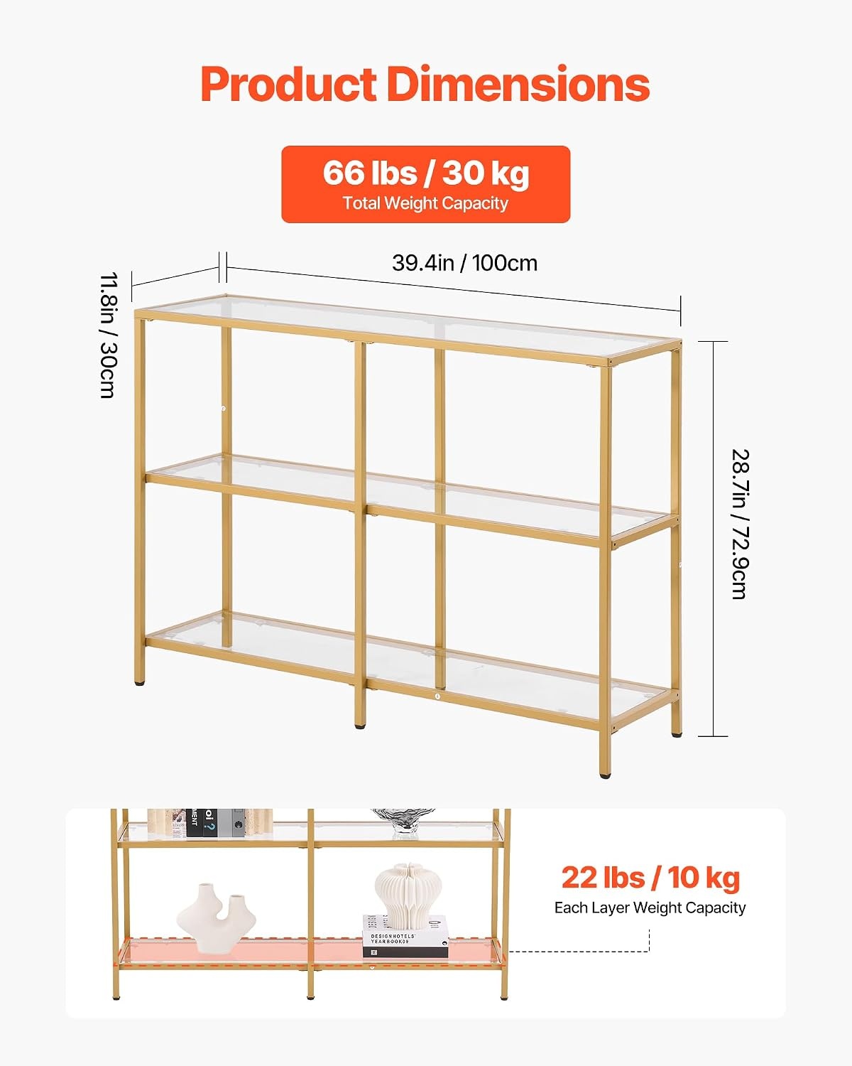 image:imageVEVOR Glass Console Table 394 Inch Entryway Table Modern Rectangle Sofa Table with Tempered Glass Top and Iron Legs Golden Consloe Desk for Living Room Hallway EntrywayGold