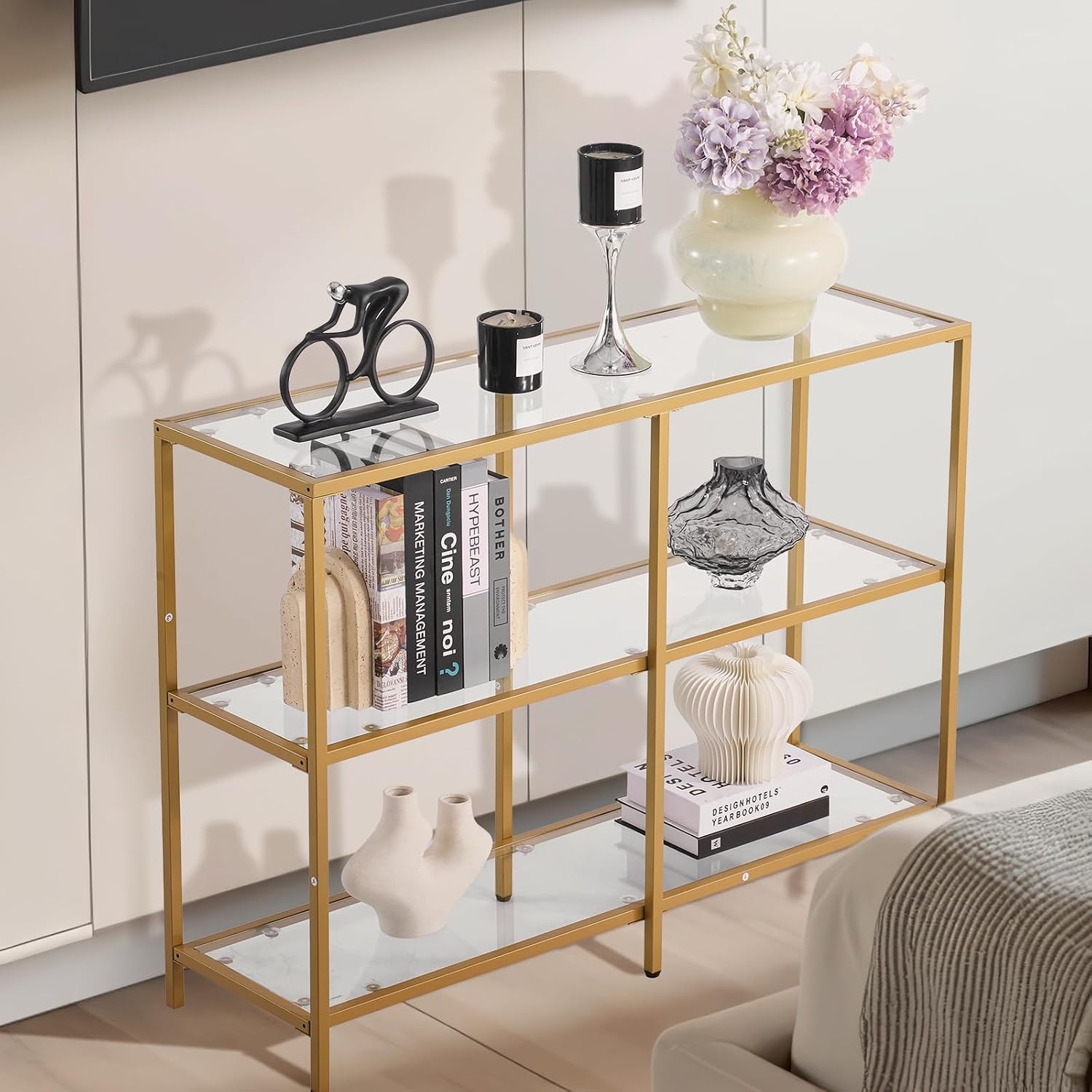 image:imageVEVOR Glass Console Table 394 Inch Entryway Table Modern Rectangle Sofa Table with Tempered Glass Top and Iron Legs Golden Consloe Desk for Living Room Hallway EntrywayGold