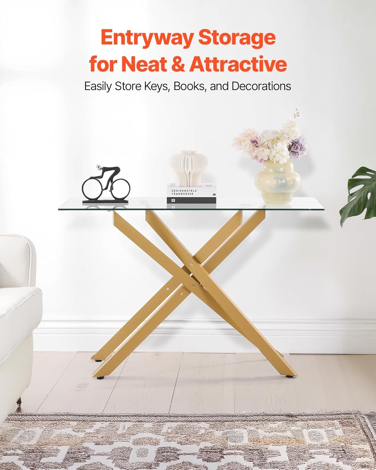 image:imageVEVOR Glass Console Table 394 Inch Entryway Table Modern Rectangle Sofa Table with Tempered Glass Top and Iron Legs Golden Consloe Desk for Living Room Hallway EntrywayGold