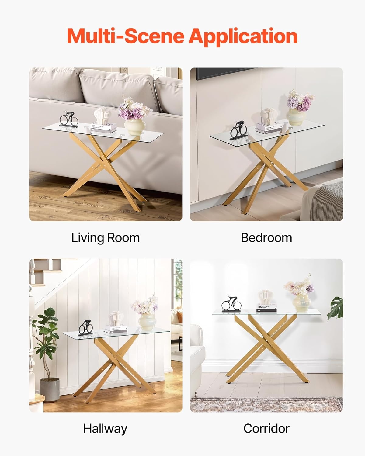 image:imageVEVOR Glass Console Table 394 Inch Entryway Table Modern Rectangle Sofa Table with Tempered Glass Top and Iron Legs Golden Consloe Desk for Living Room Hallway EntrywayGold