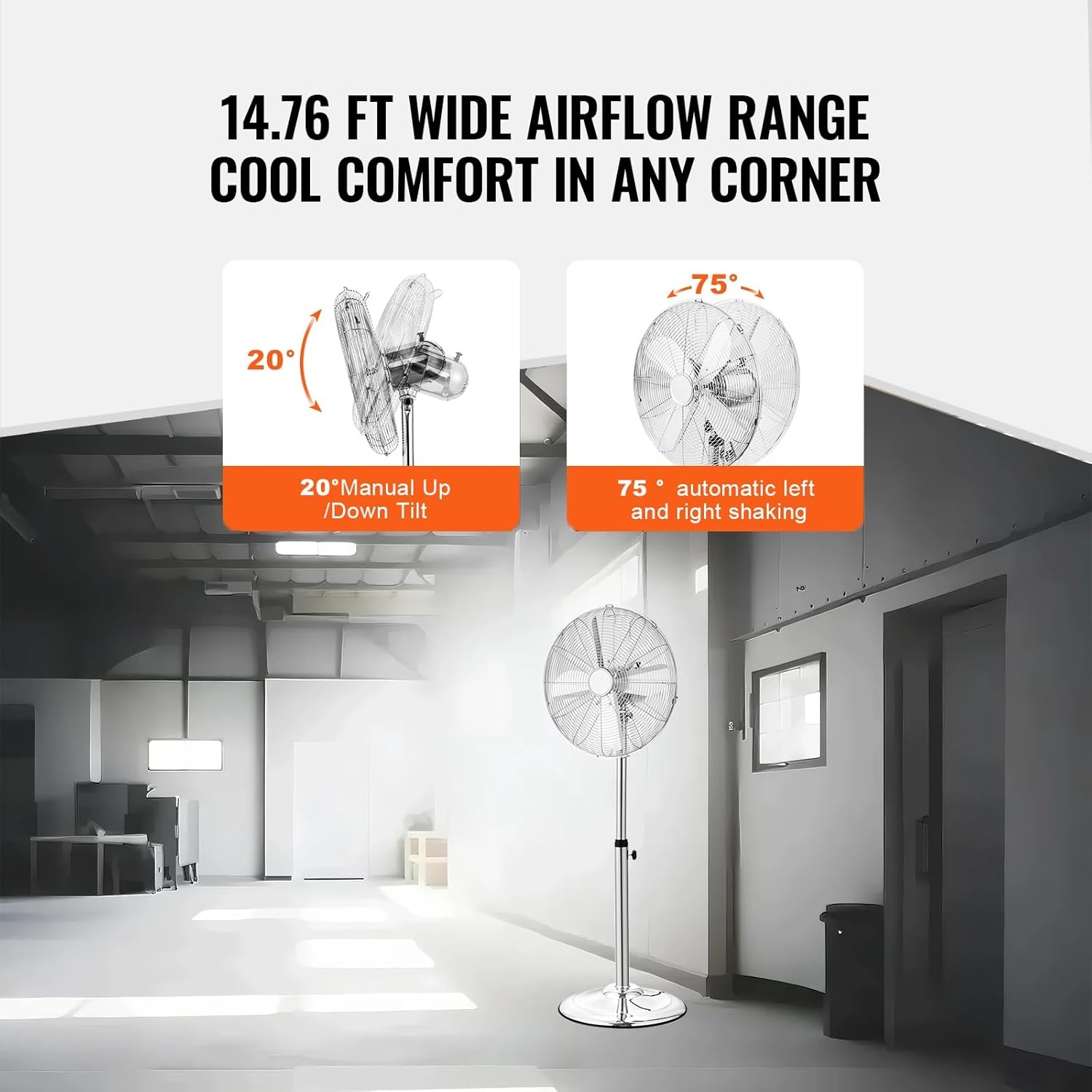 image:imageVEVOR Industrial Pedestal Fan 24 Inch 85Degree Oscillating Fan Height Adjustable Standing Fans with 3 Adjustable Speeds High Power Floor Fans for Office BlackSilver