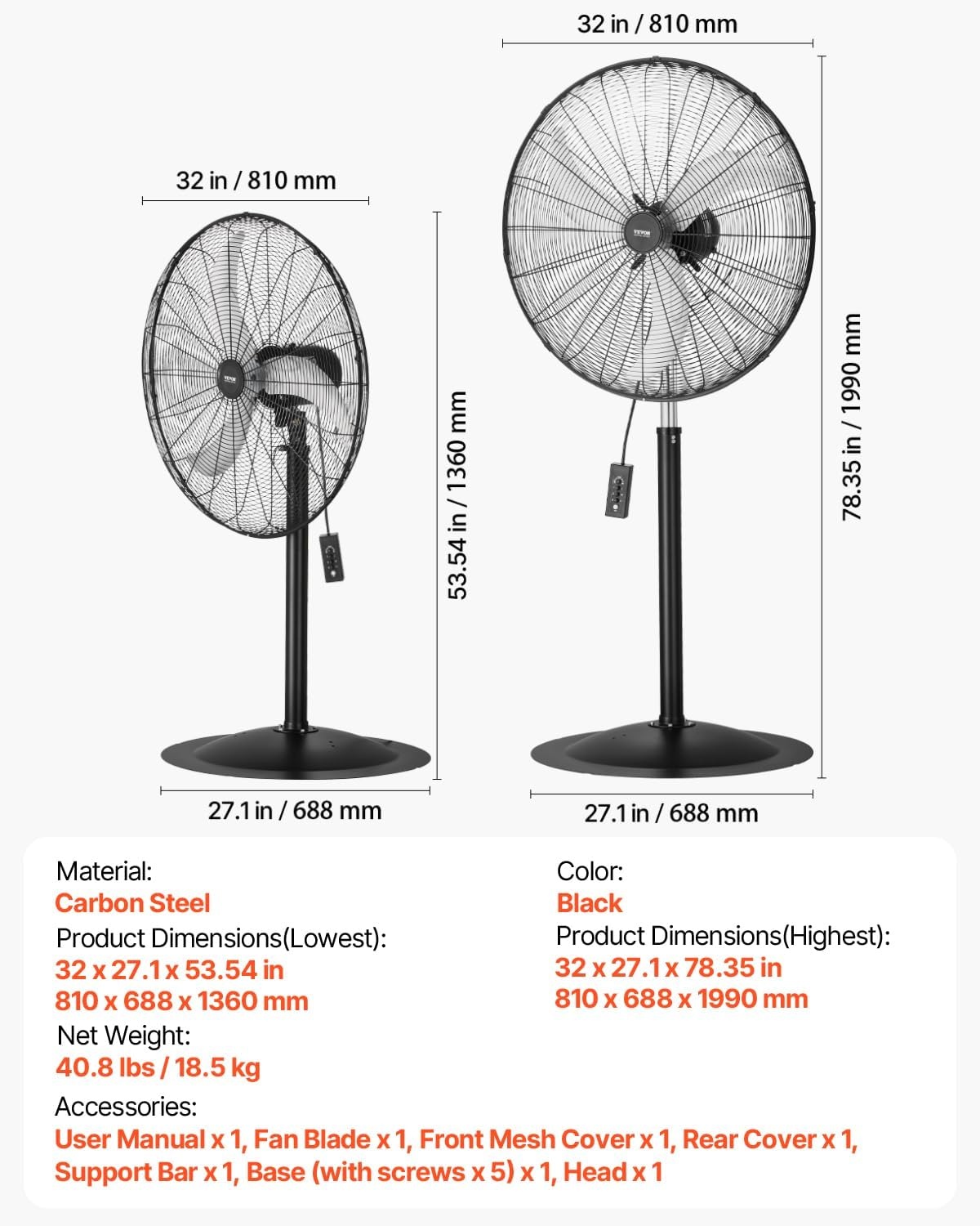 image:imageVEVOR Industrial Pedestal Fan 24 Inch 85Degree Oscillating Fan Height Adjustable Standing Fans with 3 Adjustable Speeds High Power Floor Fans for Office BlackBlack