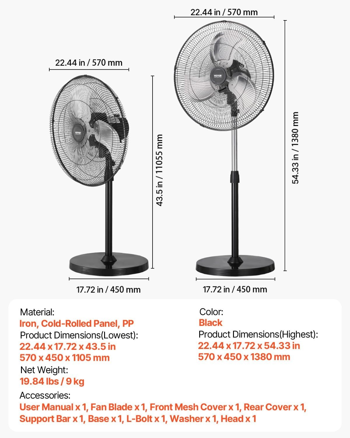 image:imageVEVOR Industrial Pedestal Fan 24 Inch 85Degree Oscillating Fan Height Adjustable Standing Fans with 3 Adjustable Speeds High Power Floor Fans for Office BlackBlack