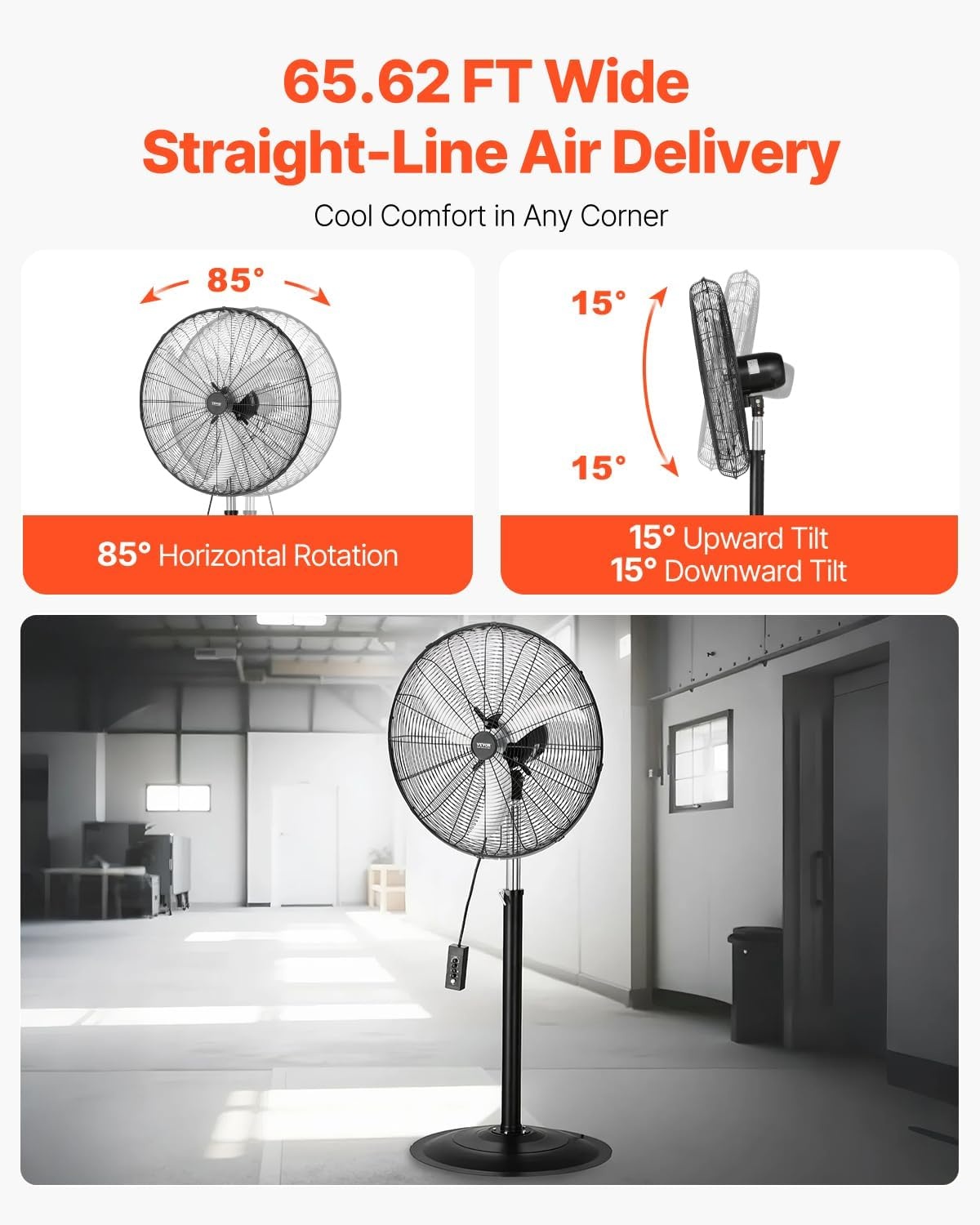 image:imageVEVOR Industrial Pedestal Fan 24 Inch 85Degree Oscillating Fan Height Adjustable Standing Fans with 3 Adjustable Speeds High Power Floor Fans for Office BlackBlack