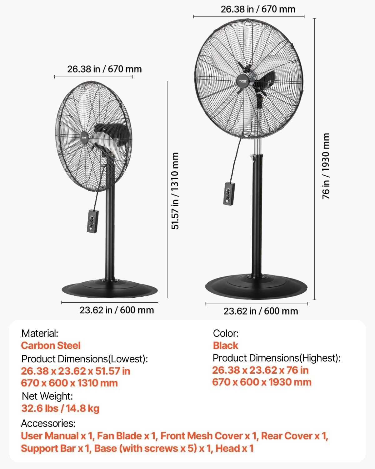 image:imageVEVOR Industrial Pedestal Fan 24 Inch 85Degree Oscillating Fan Height Adjustable Standing Fans with 3 Adjustable Speeds High Power Floor Fans for Office BlackBlack