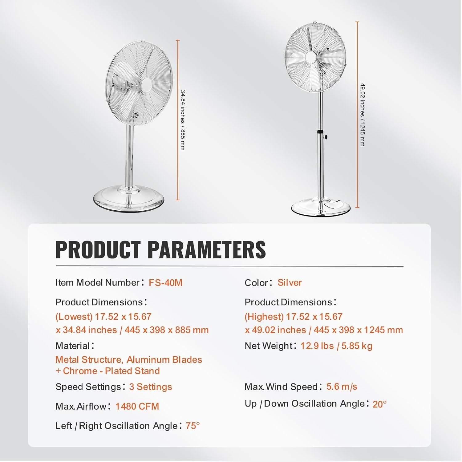 image:imageVEVOR Industrial Pedestal Fan 24 Inch 85Degree Oscillating Fan Height Adjustable Standing Fans with 3 Adjustable Speeds High Power Floor Fans for Office BlackSilver