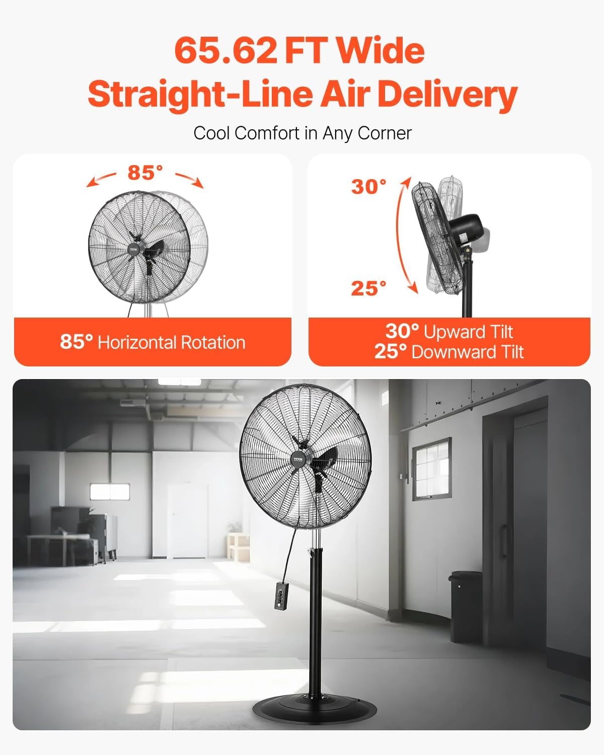 image:imageVEVOR Industrial Pedestal Fan 24 Inch 85Degree Oscillating Fan Height Adjustable Standing Fans with 3 Adjustable Speeds High Power Floor Fans for Office BlackBlack