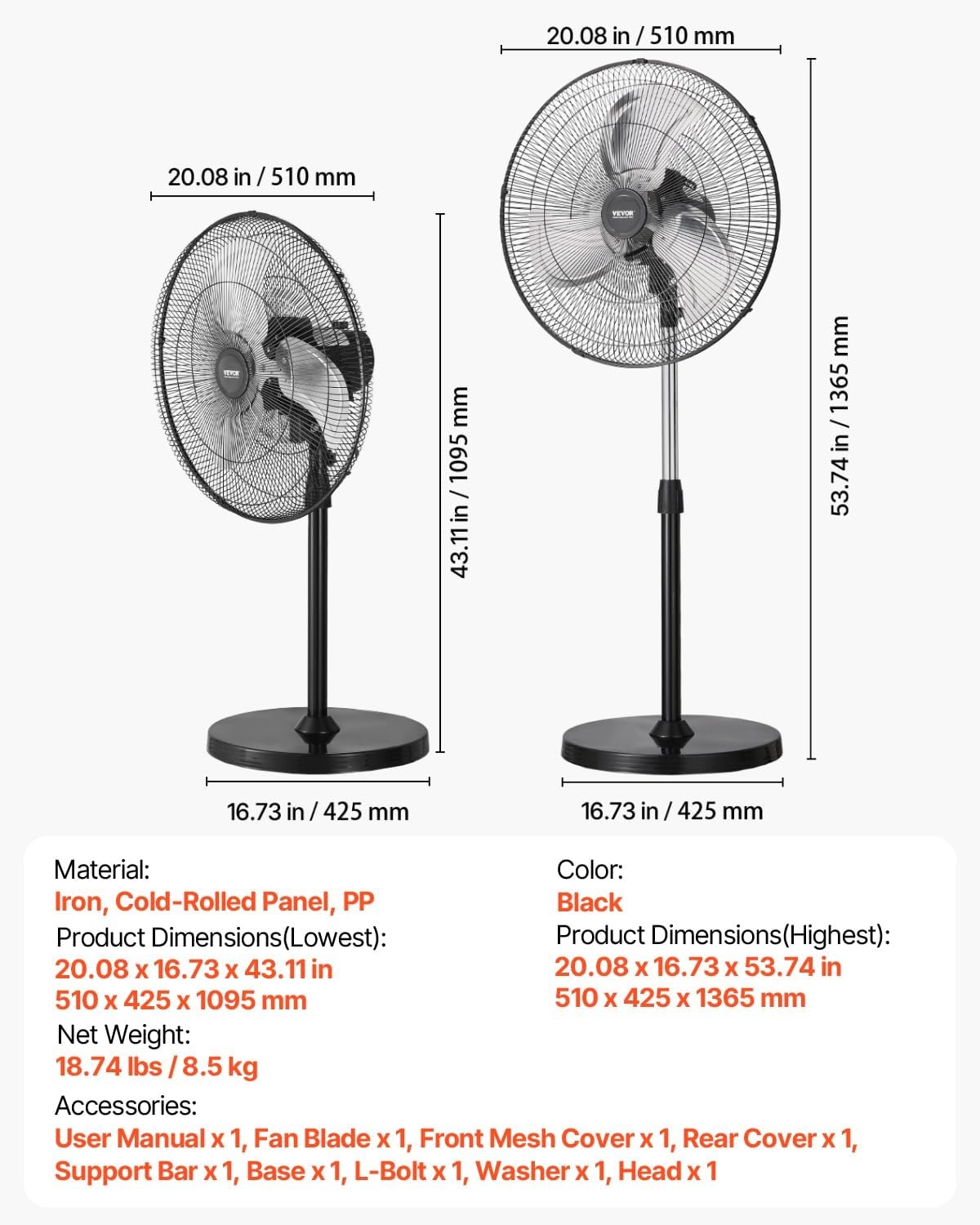 image:imageVEVOR Industrial Pedestal Fan 24 Inch 85Degree Oscillating Fan Height Adjustable Standing Fans with 3 Adjustable Speeds High Power Floor Fans for Office BlackBlack