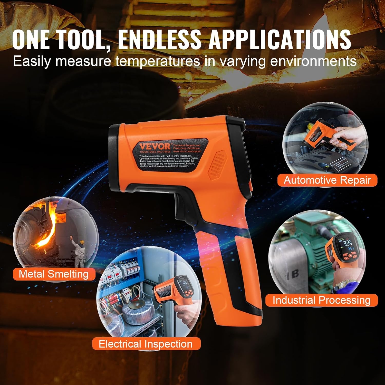 image:imageVEVOR Infrared Thermometer 40F2732F Dual Laser Temperature Gun NonContact Handheld IR Heat Temperature Gun amp Adjustable Emissivity for Metal SmeltingCookingPizza OvenEngine Not for HumanOrange 40F2732F401500