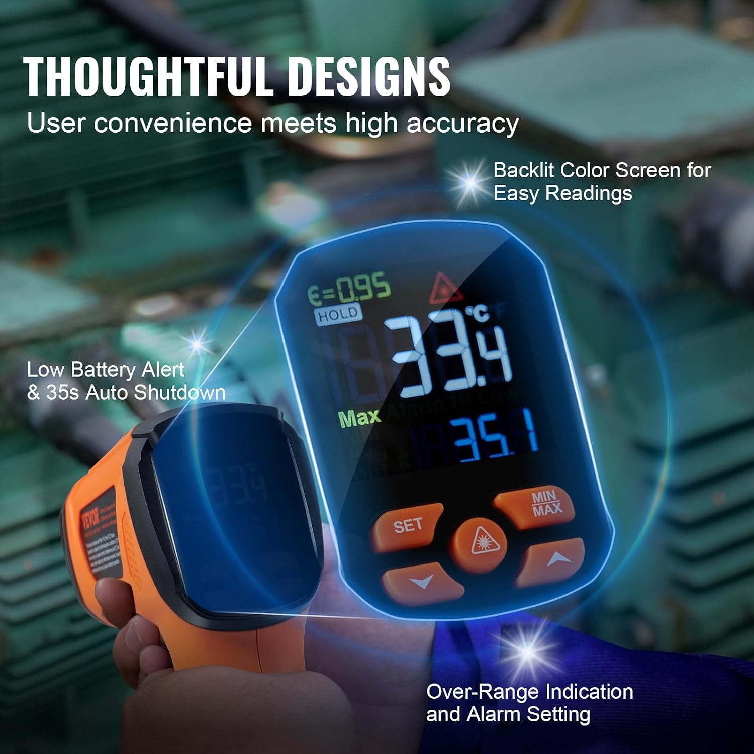 image:imageVEVOR Infrared Thermometer 40F2732F Dual Laser Temperature Gun NonContact Handheld IR Heat Temperature Gun amp Adjustable Emissivity for Metal SmeltingCookingPizza OvenEngine Not for HumanOrange 40F2732F401500
