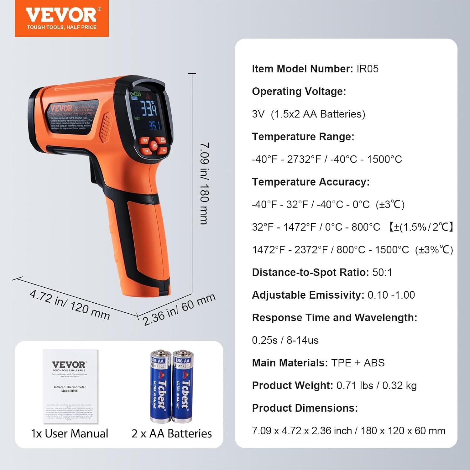 image:imageVEVOR Infrared Thermometer 40F2732F Dual Laser Temperature Gun NonContact Handheld IR Heat Temperature Gun amp Adjustable Emissivity for Metal SmeltingCookingPizza OvenEngine Not for HumanOrange 40F2732F401500