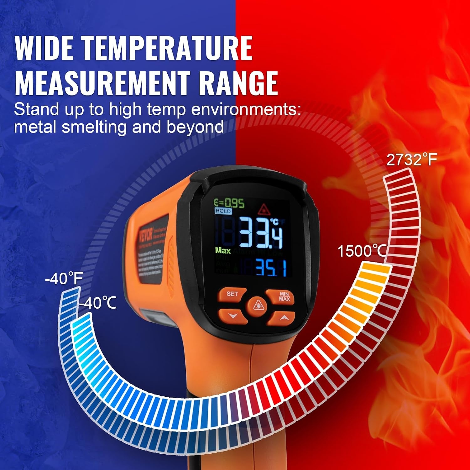 image:imageVEVOR Infrared Thermometer 40F2732F Dual Laser Temperature Gun NonContact Handheld IR Heat Temperature Gun amp Adjustable Emissivity for Metal SmeltingCookingPizza OvenEngine Not for HumanOrange 40F2732F401500