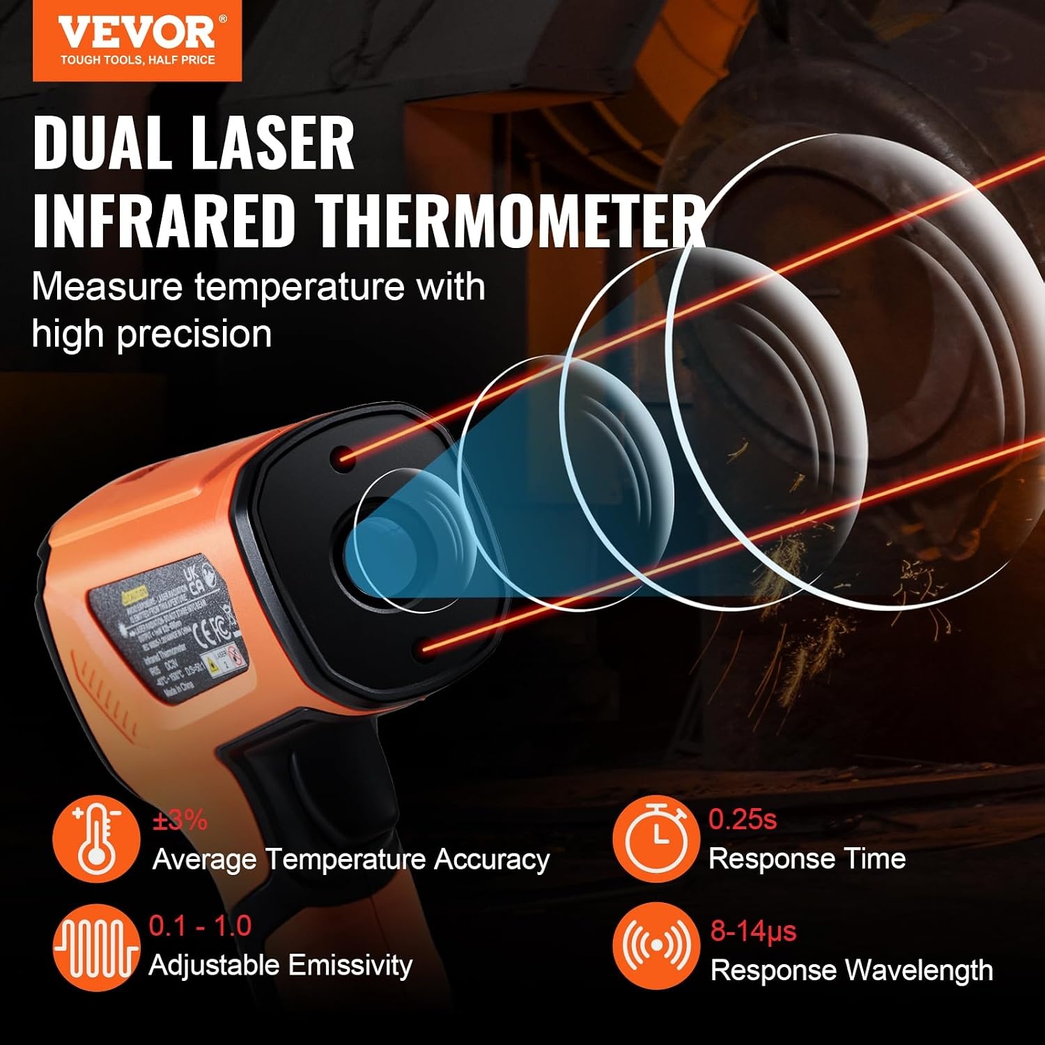 image:imageVEVOR Infrared Thermometer 40F2732F Dual Laser Temperature Gun NonContact Handheld IR Heat Temperature Gun amp Adjustable Emissivity for Metal SmeltingCookingPizza OvenEngine Not for HumanOrange 40F2732F401500
