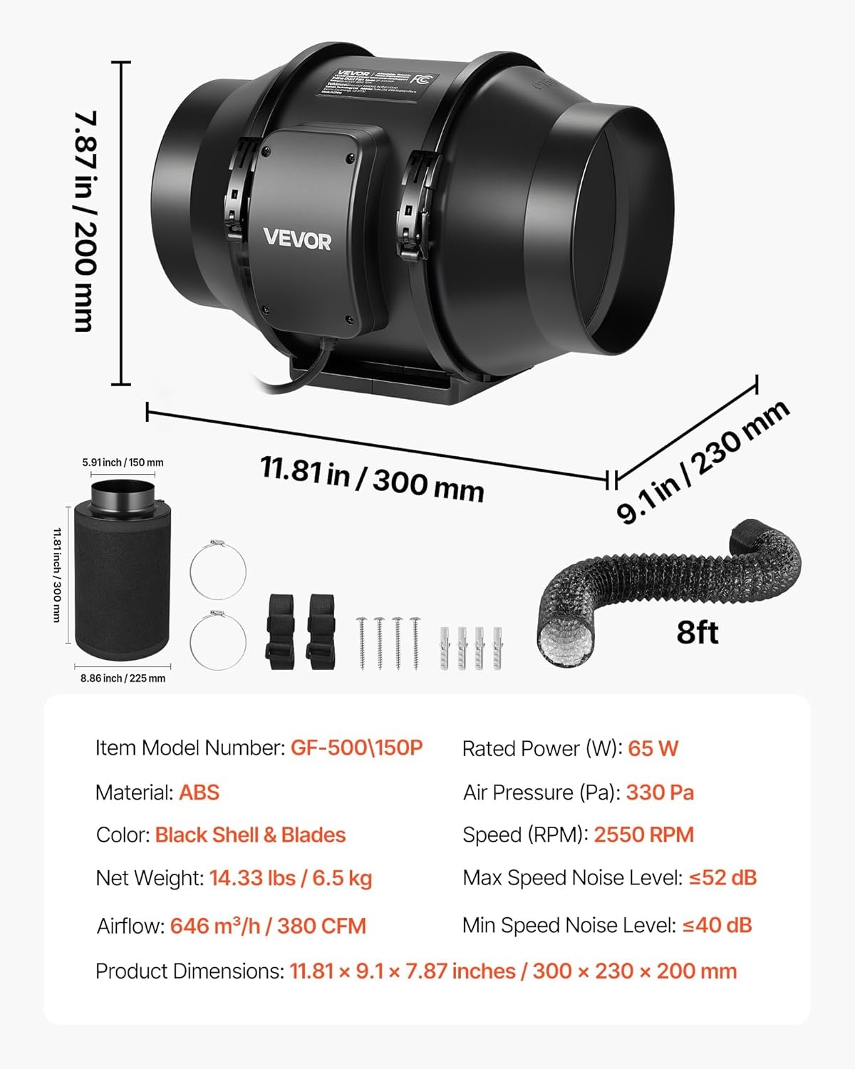 image:imageVEVOR Inline Duct Fan 4Inch 180 CFM with Power Cord Quiet ACmotor Ventilation Exhaust Fan for Cooling Booster Grow Tents Hydroponics6 Fan Air Filtration Kit
