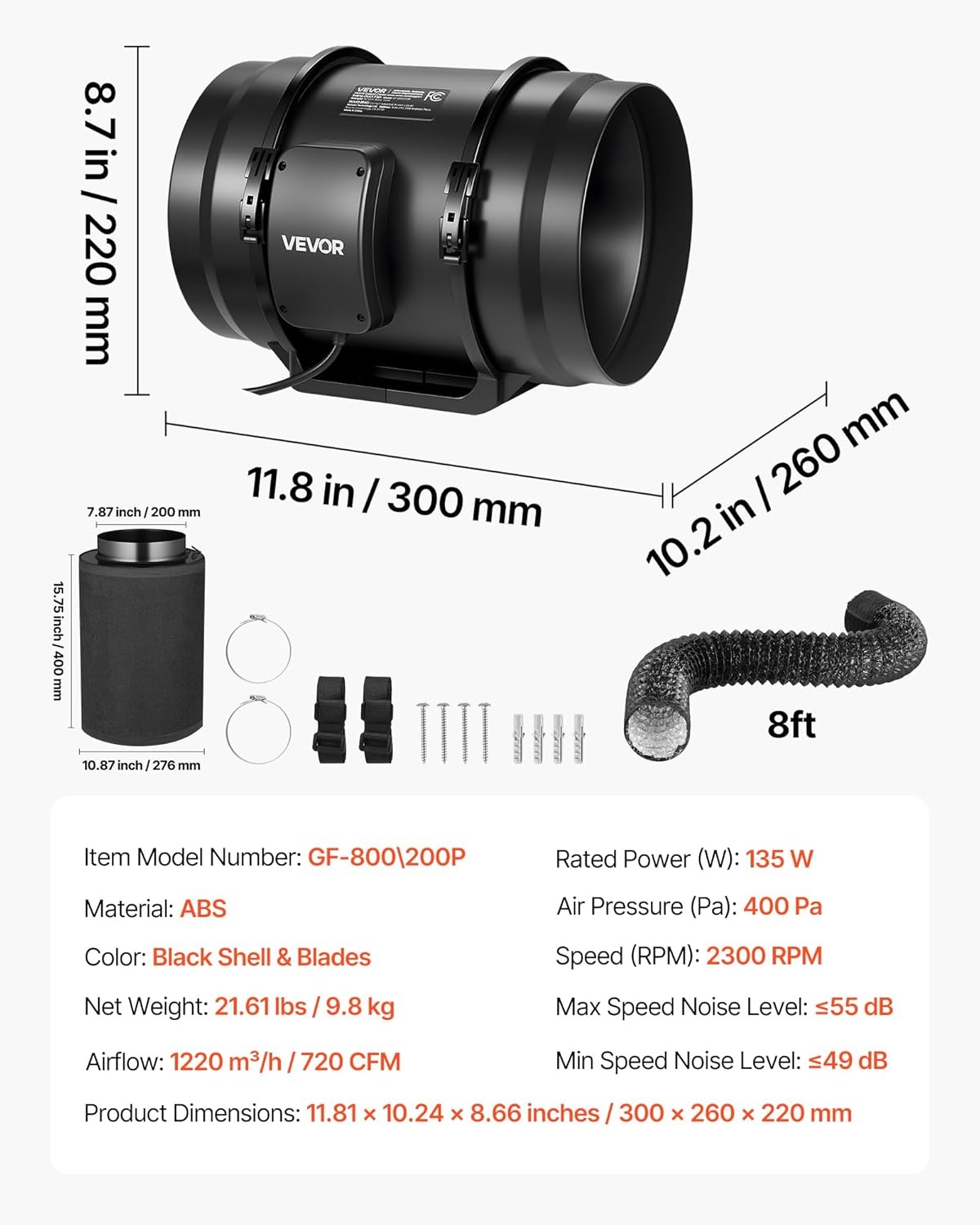 image:imageVEVOR Inline Duct Fan 4Inch 180 CFM with Power Cord Quiet ACmotor Ventilation Exhaust Fan for Cooling Booster Grow Tents Hydroponics8 Fan Air Filtration Kit