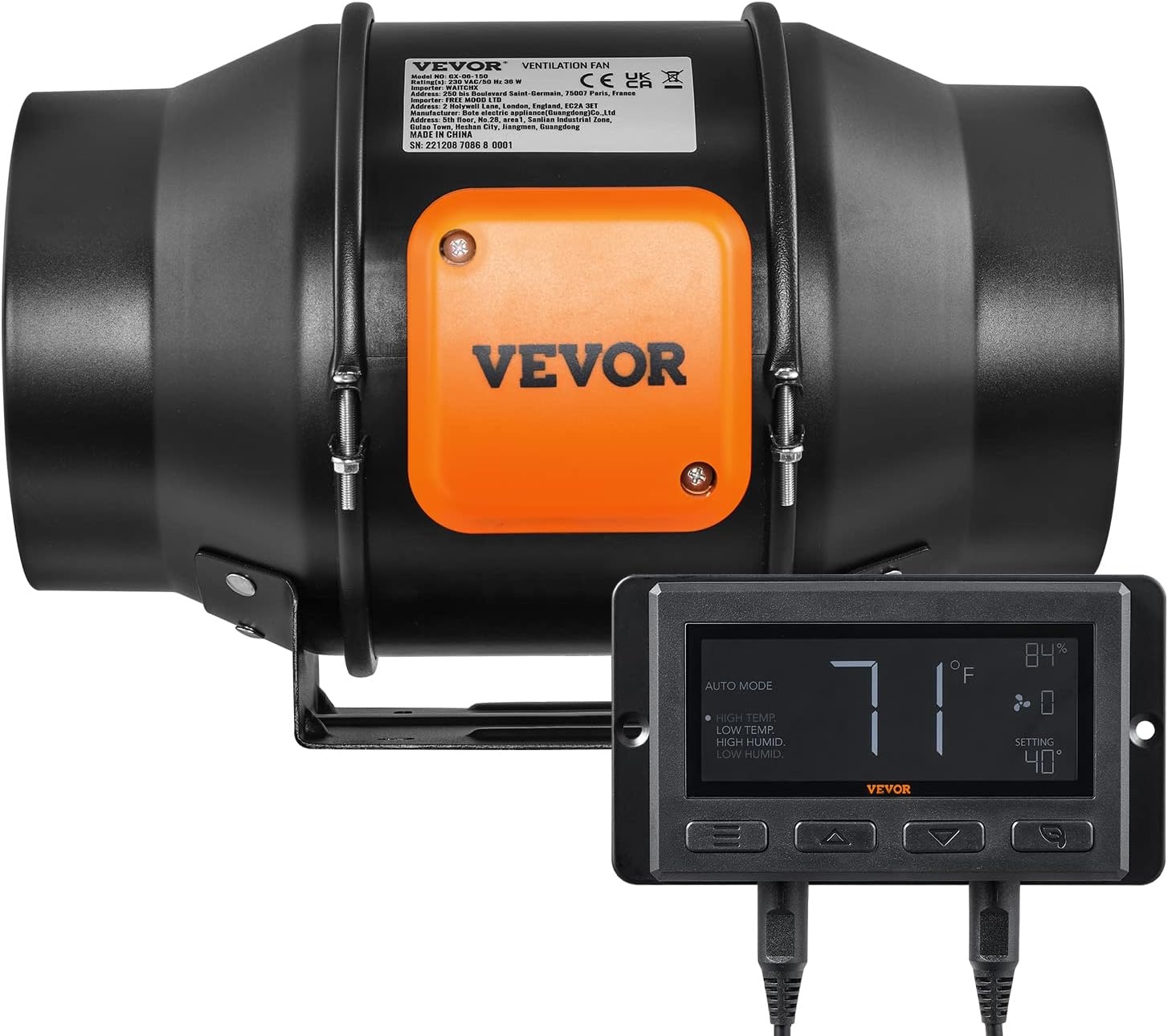 image:imageVEVOR Inline Duct Fan 6Inch 402 CFM with Temperature Humidity Controller Quiet ECMotor Ventilation Exhaust Fan for Cooling Booster Grow Tents Hydroponics6 Inch