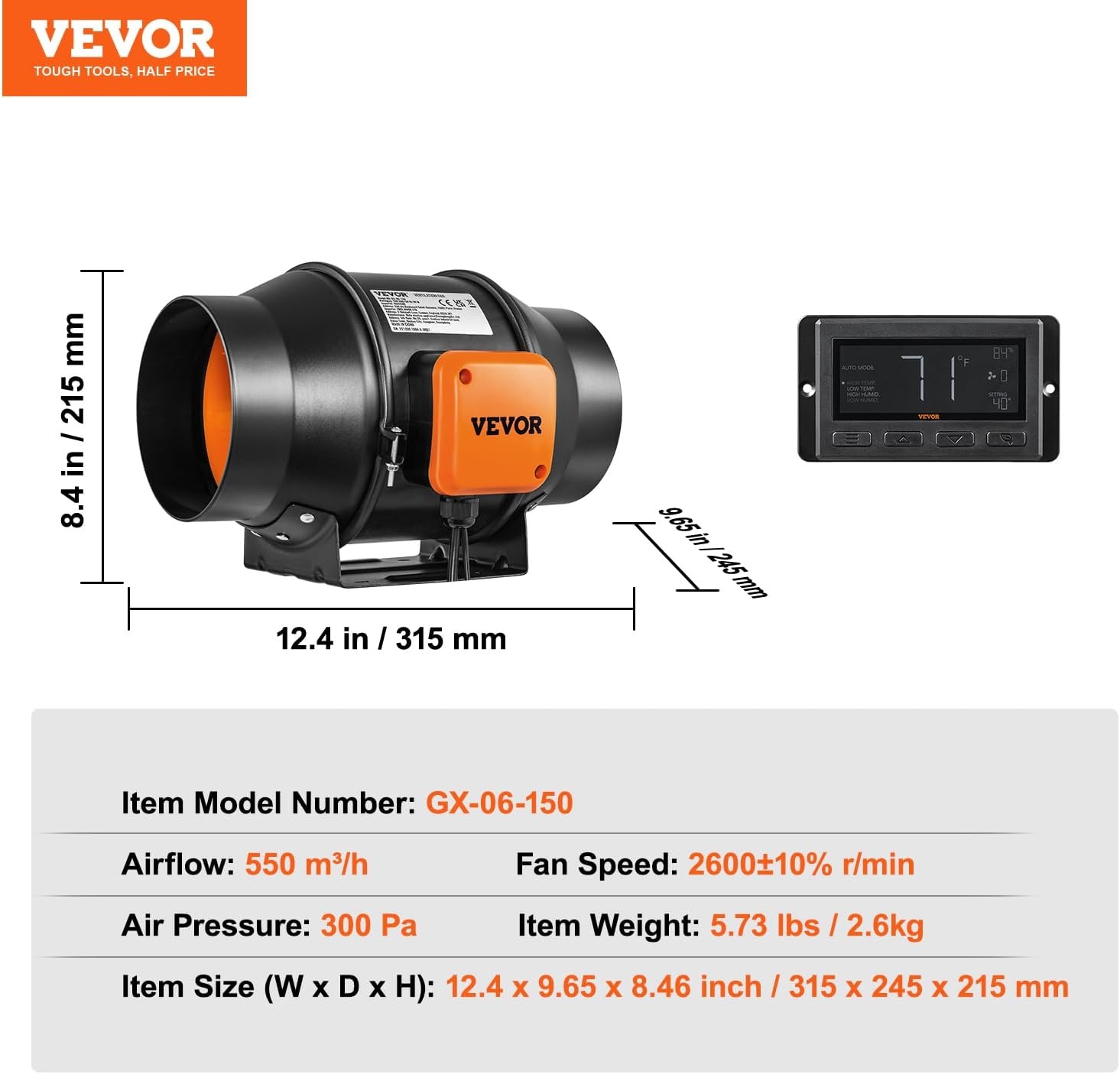 image:imageVEVOR Inline Duct Fan 6Inch 402 CFM with Temperature Humidity Controller Quiet ECMotor Ventilation Exhaust Fan for Cooling Booster Grow Tents Hydroponics6 Inch