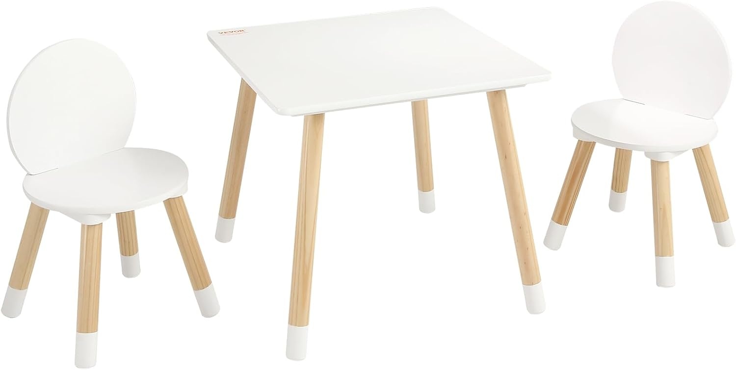 image:imageVEVOR Kids Table and 2 Chairs Set Toddler Table and Chair Set with Rounded Edge Design amp Graffiti Desktop Wooden Desk for Art Craft Reading Learning Drawing ClassroomDaycareHome BurlywoodWhite