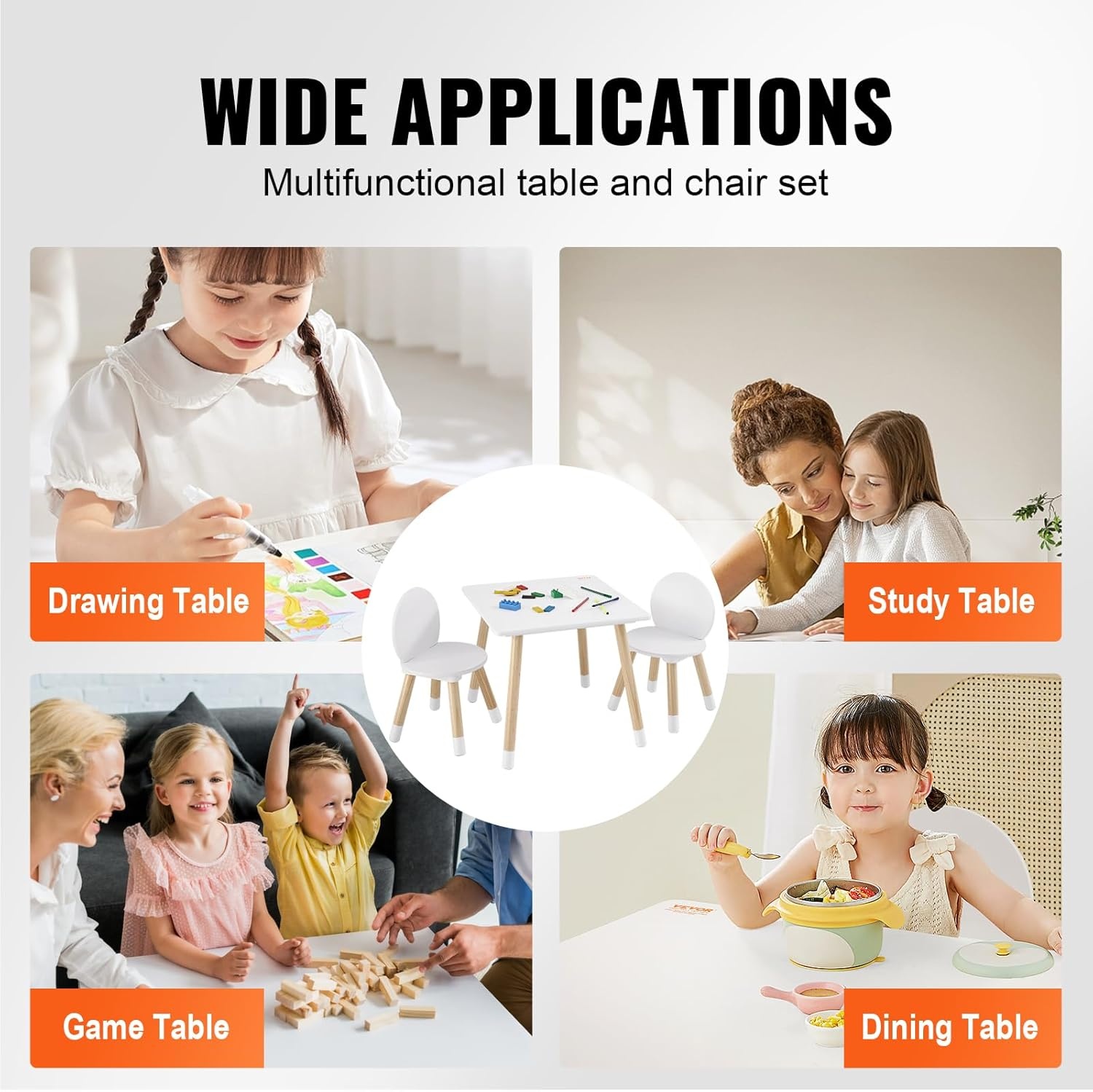 image:imageVEVOR Kids Table and 2 Chairs Set Toddler Table and Chair Set with Rounded Edge Design amp Graffiti Desktop Wooden Desk for Art Craft Reading Learning Drawing ClassroomDaycareHome BurlywoodWhite