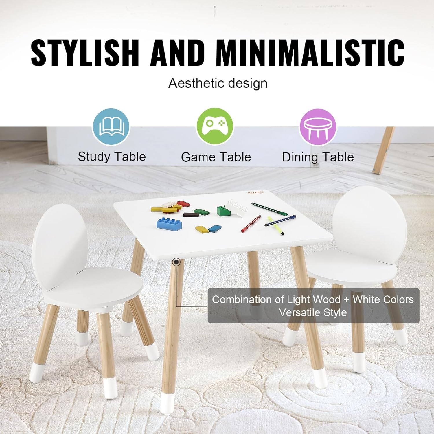 image:imageVEVOR Kids Table and 2 Chairs Set Toddler Table and Chair Set with Rounded Edge Design amp Graffiti Desktop Wooden Desk for Art Craft Reading Learning Drawing ClassroomDaycareHome BurlywoodWhite