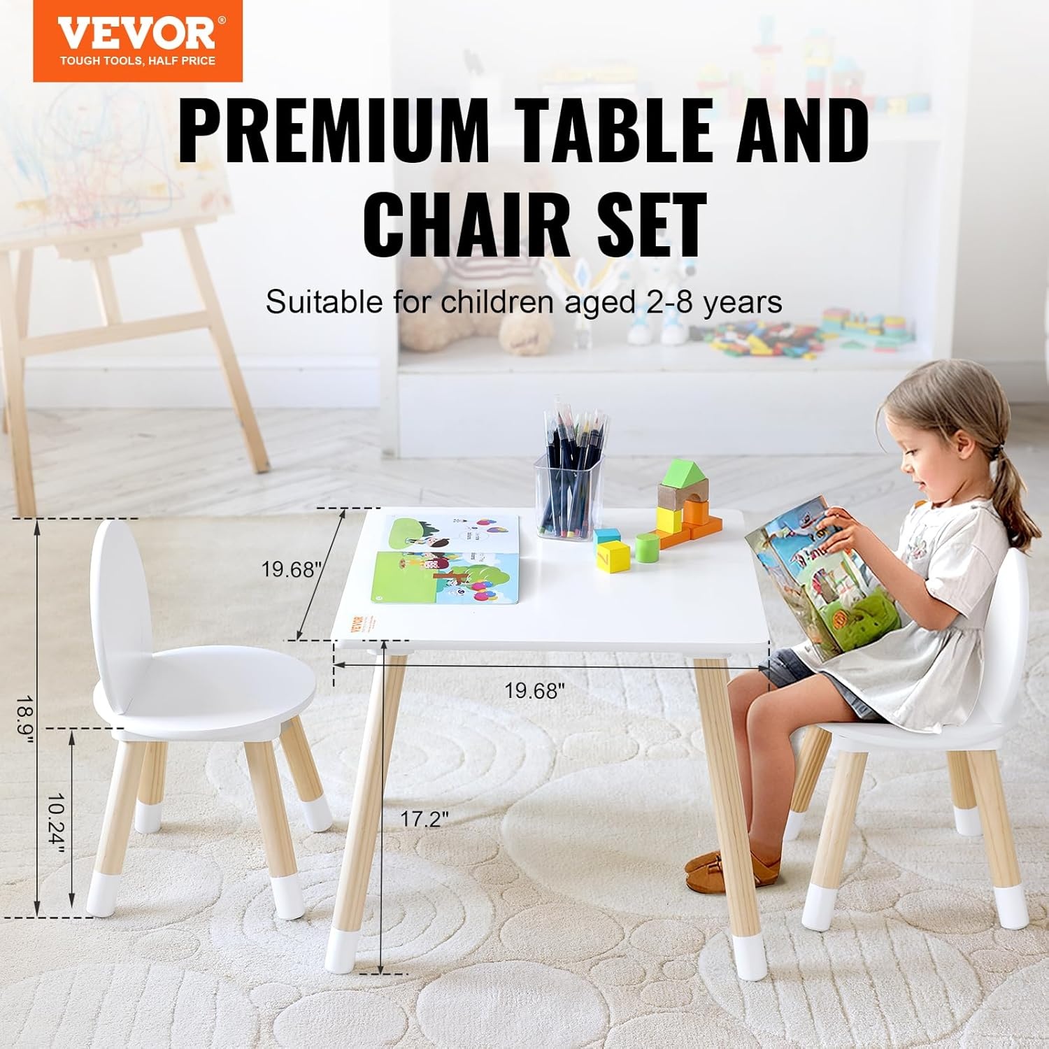 image:imageVEVOR Kids Table and 2 Chairs Set Toddler Table and Chair Set with Rounded Edge Design amp Graffiti Desktop Wooden Desk for Art Craft Reading Learning Drawing ClassroomDaycareHome BurlywoodWhite