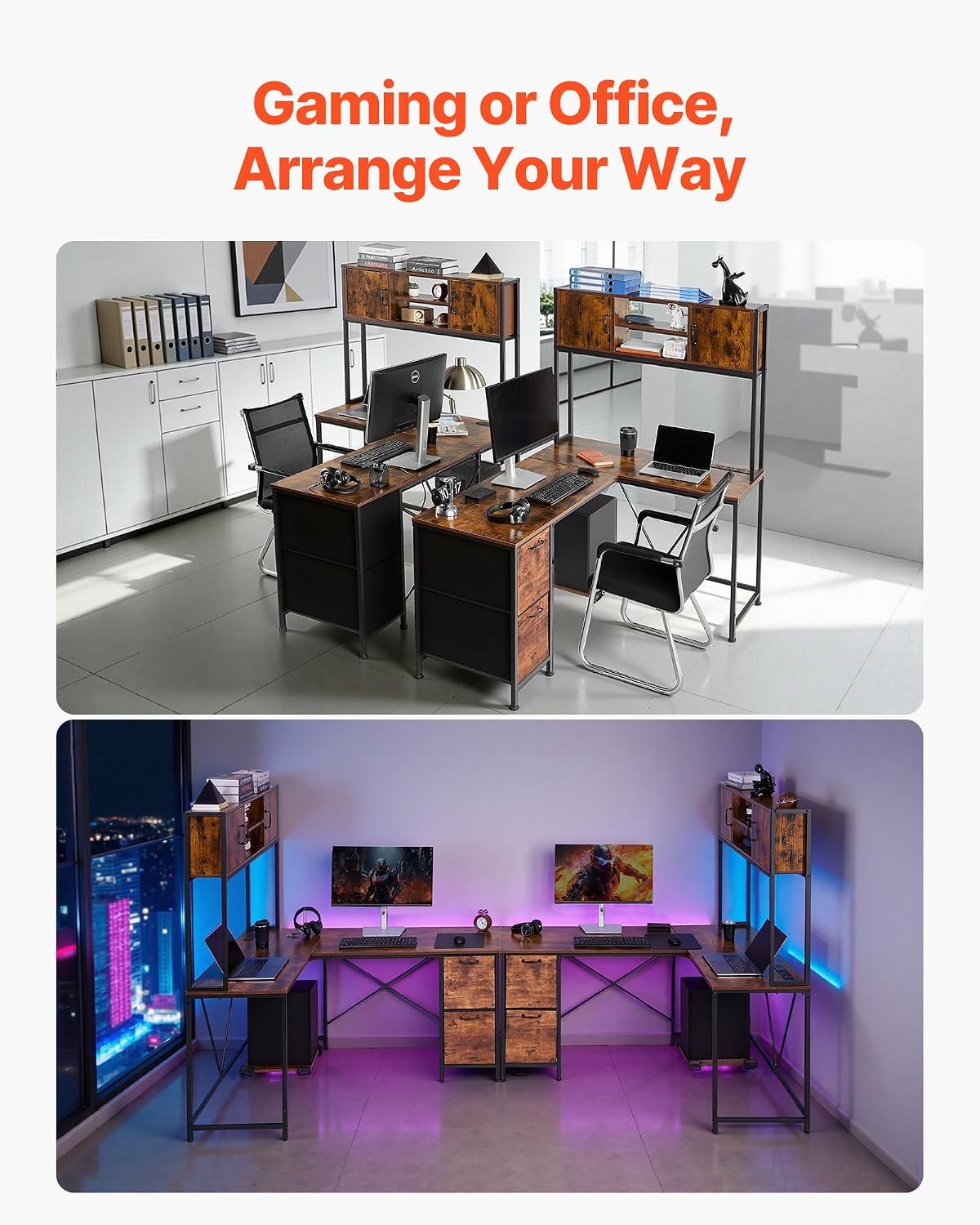image:imageVEVOR LShaped Gaming Desk with LED Lights 622inch Reversible Corner Computer Desk with Power Outlets Movable CPU Stand amp Storage Drawers Modern Stylish PC Gaming Table for Home OfficePower OutletsDrawers