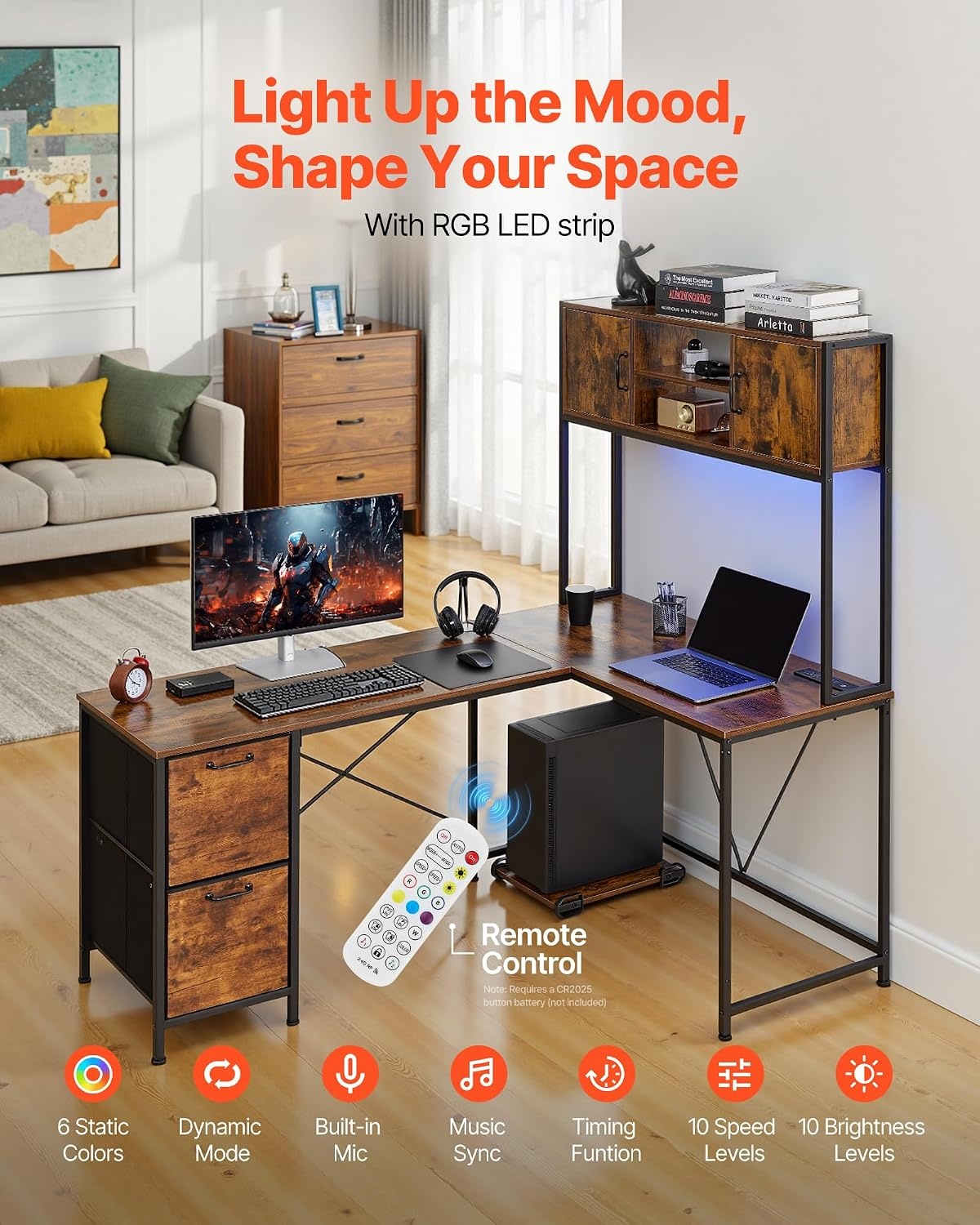 image:imageVEVOR LShaped Gaming Desk with LED Lights 622inch Reversible Corner Computer Desk with Power Outlets Movable CPU Stand amp Storage Drawers Modern Stylish PC Gaming Table for Home OfficePower OutletsDrawers